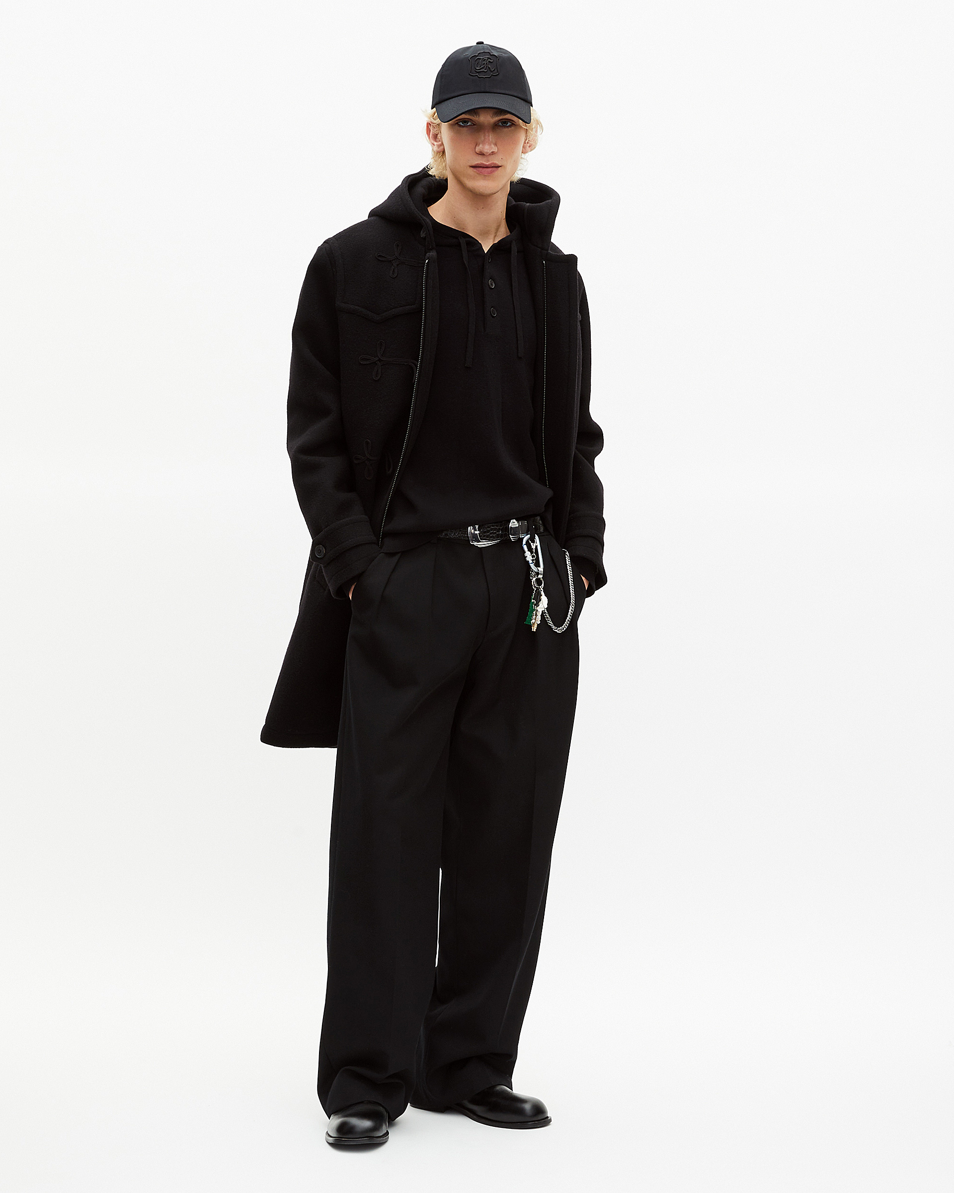 Long black wool coat with Brandenburg closure