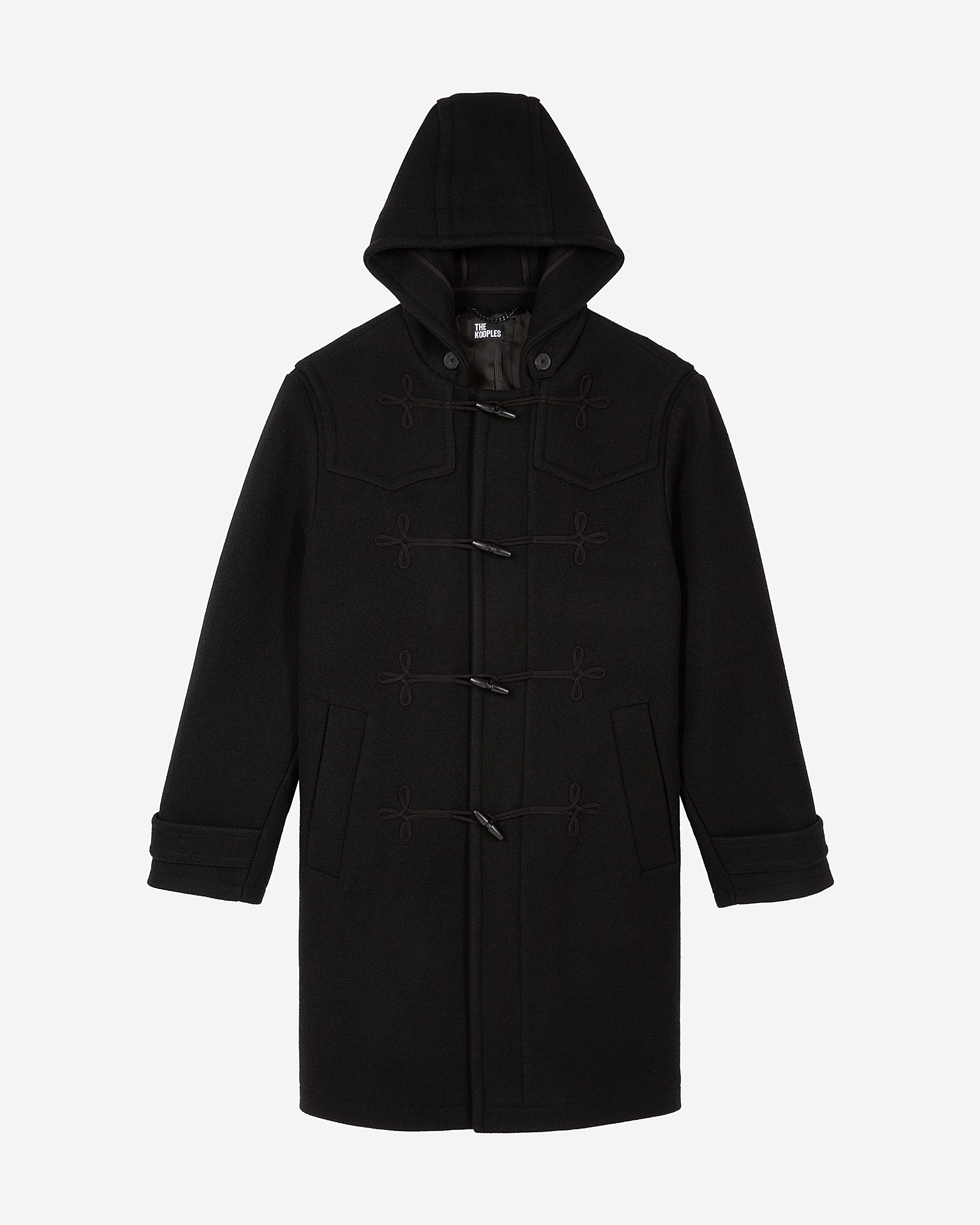 Long black wool coat with Brandenburg closure