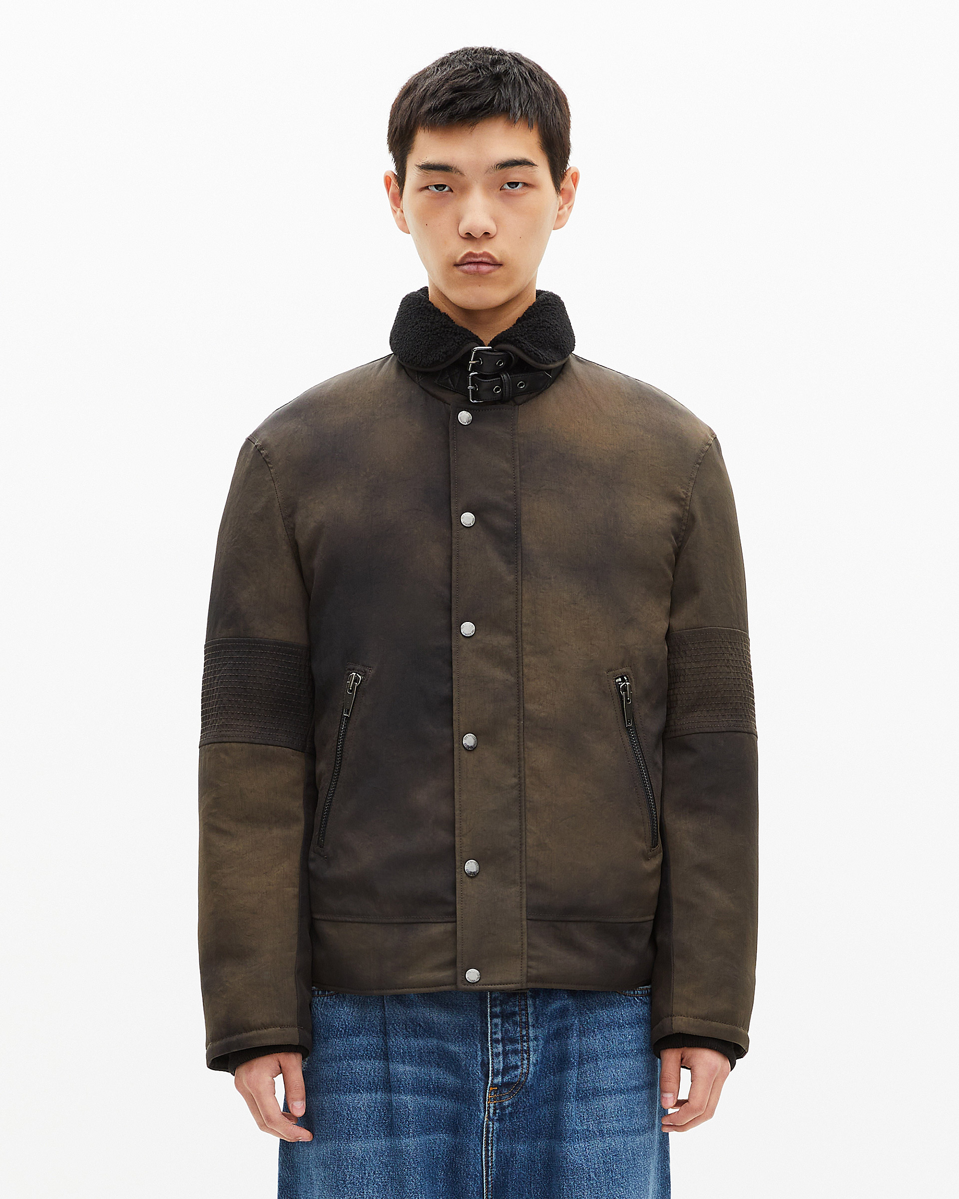 Faded brown sherpa-collared down jacket