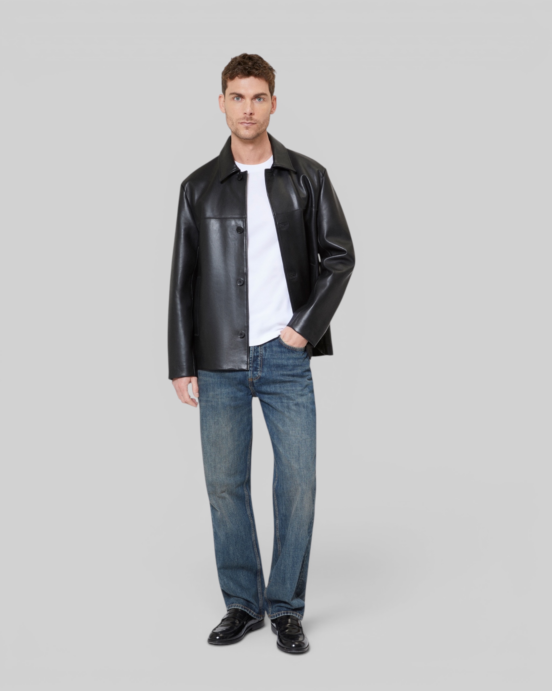 Black leather button-down jacket