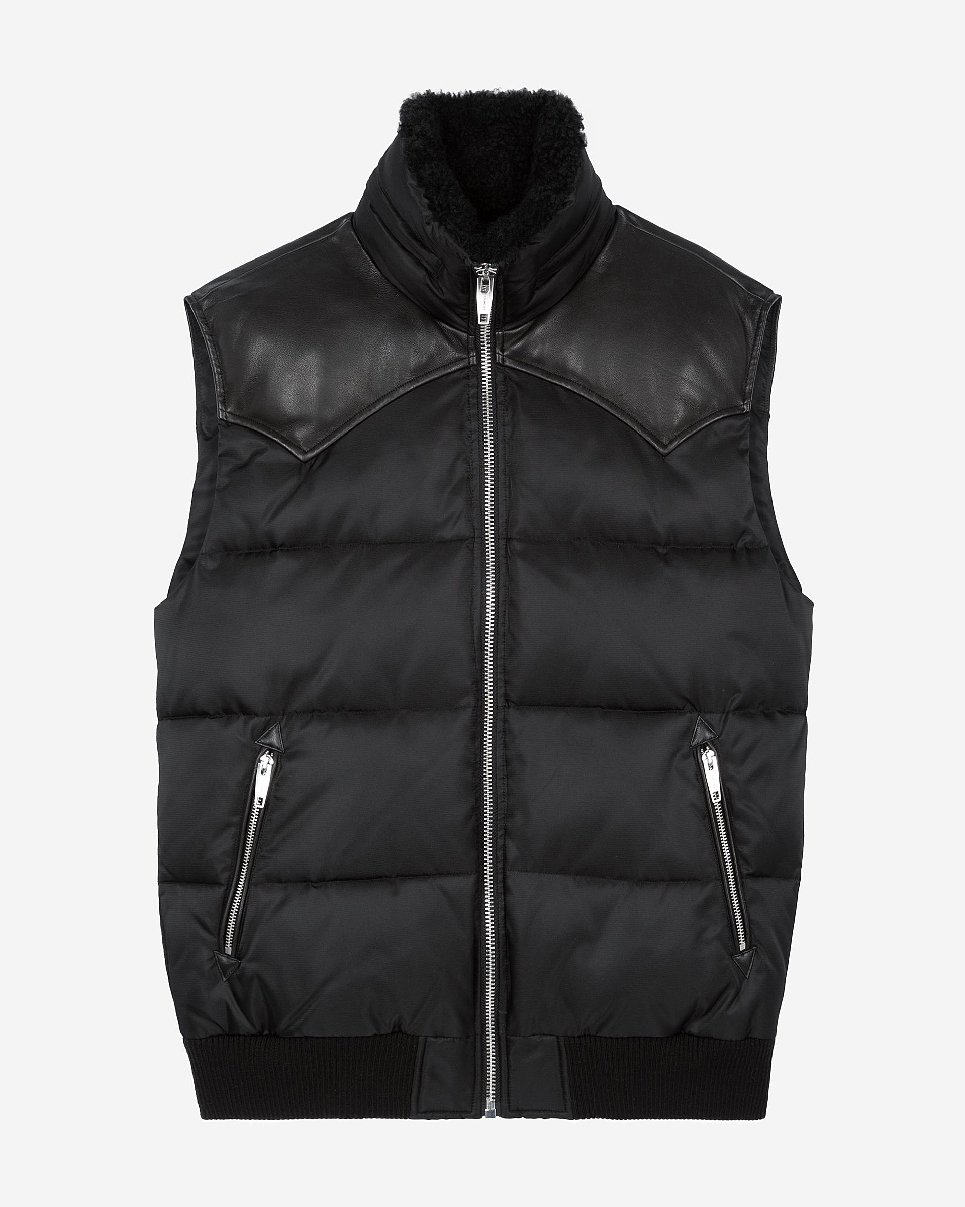 Sleeveless padded jacket with black fur collar