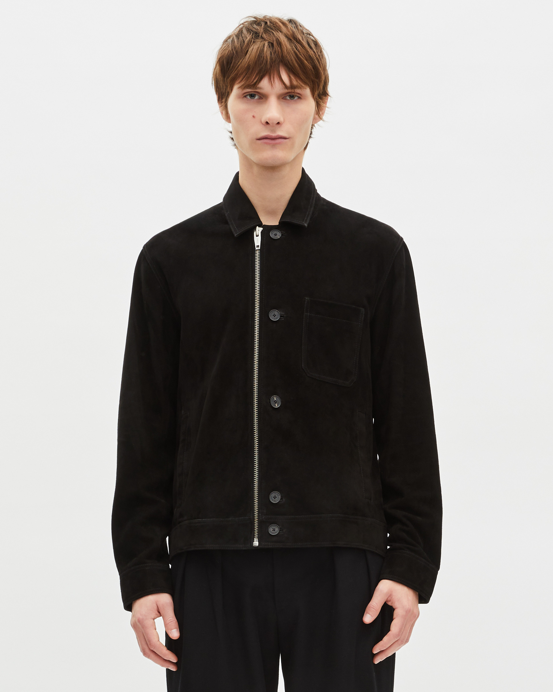 Suede jacket with black offset zip