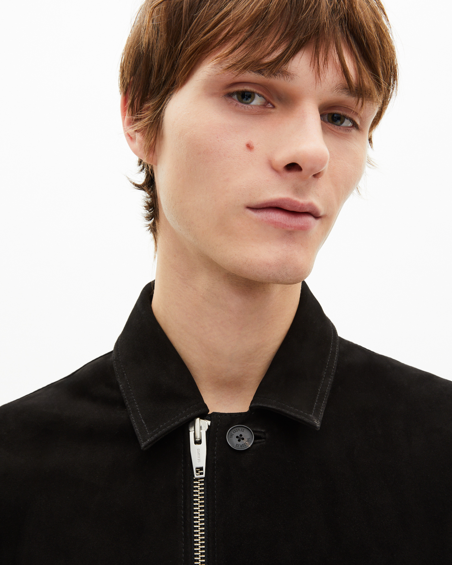 Suede jacket with black offset zip