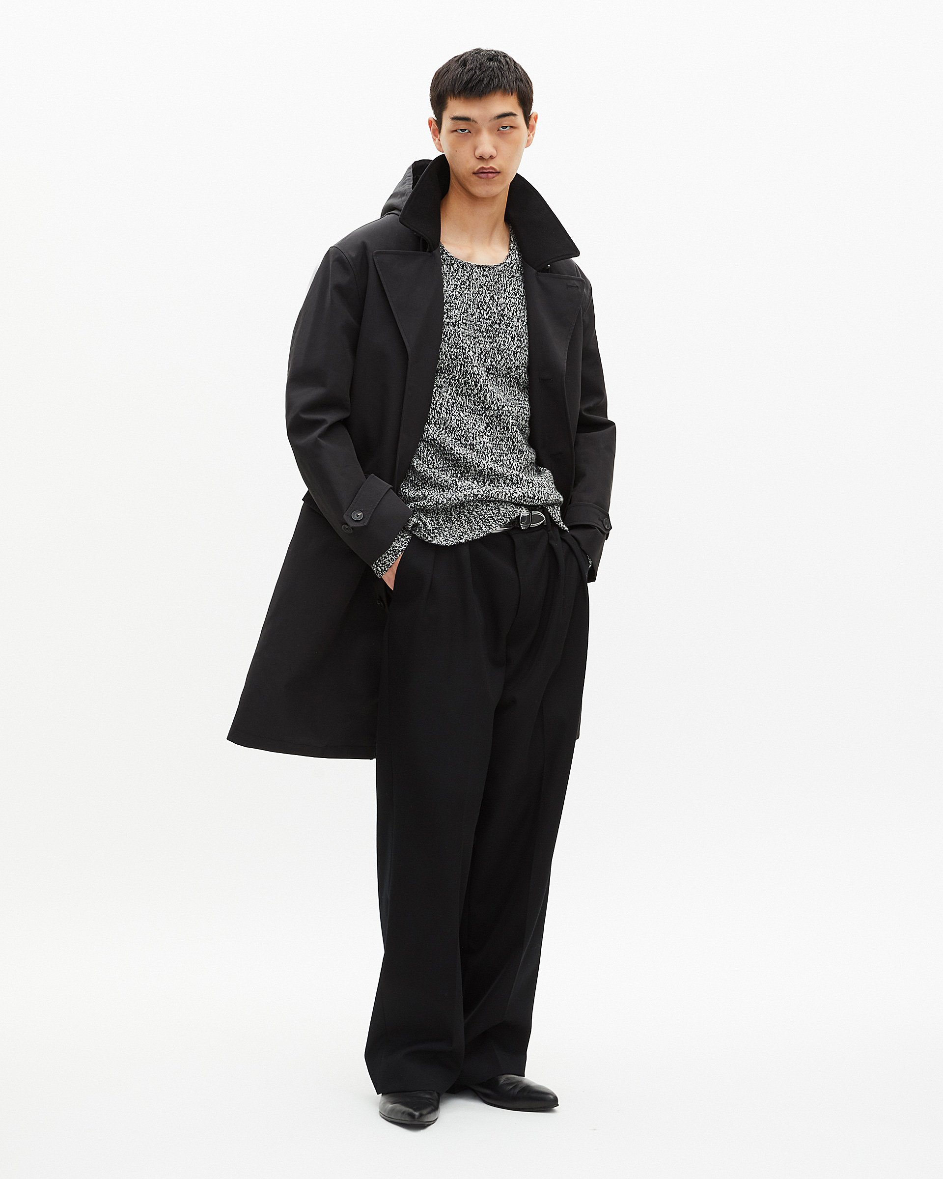 Black hooded trench parka