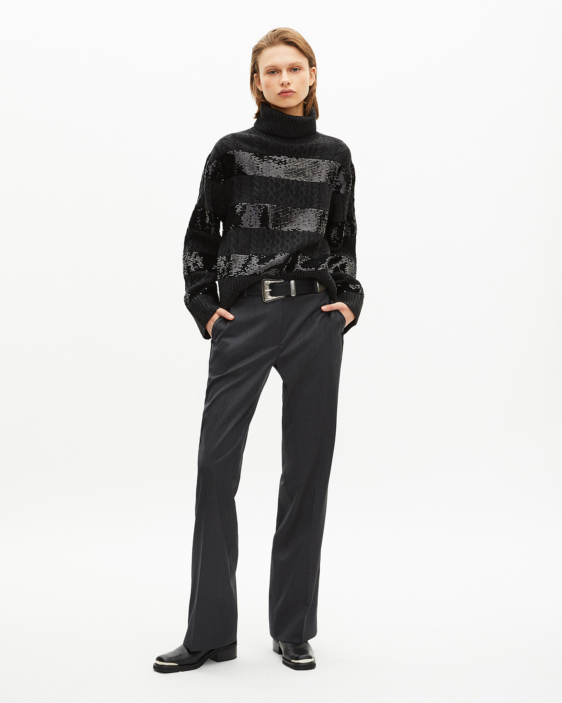 Dark grey turtleneck sweater with sequin stripes