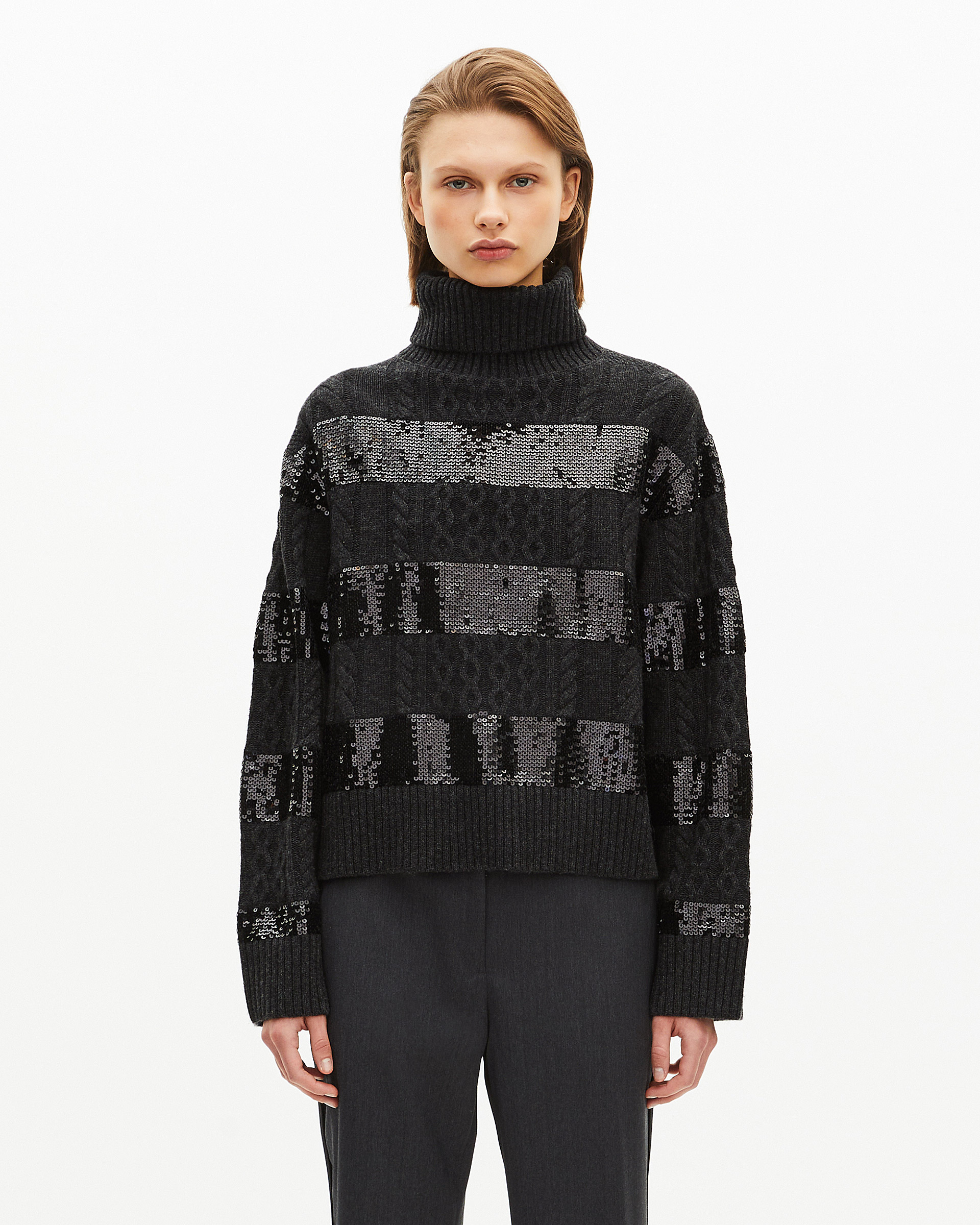 Dark grey turtleneck sweater with sequin stripes