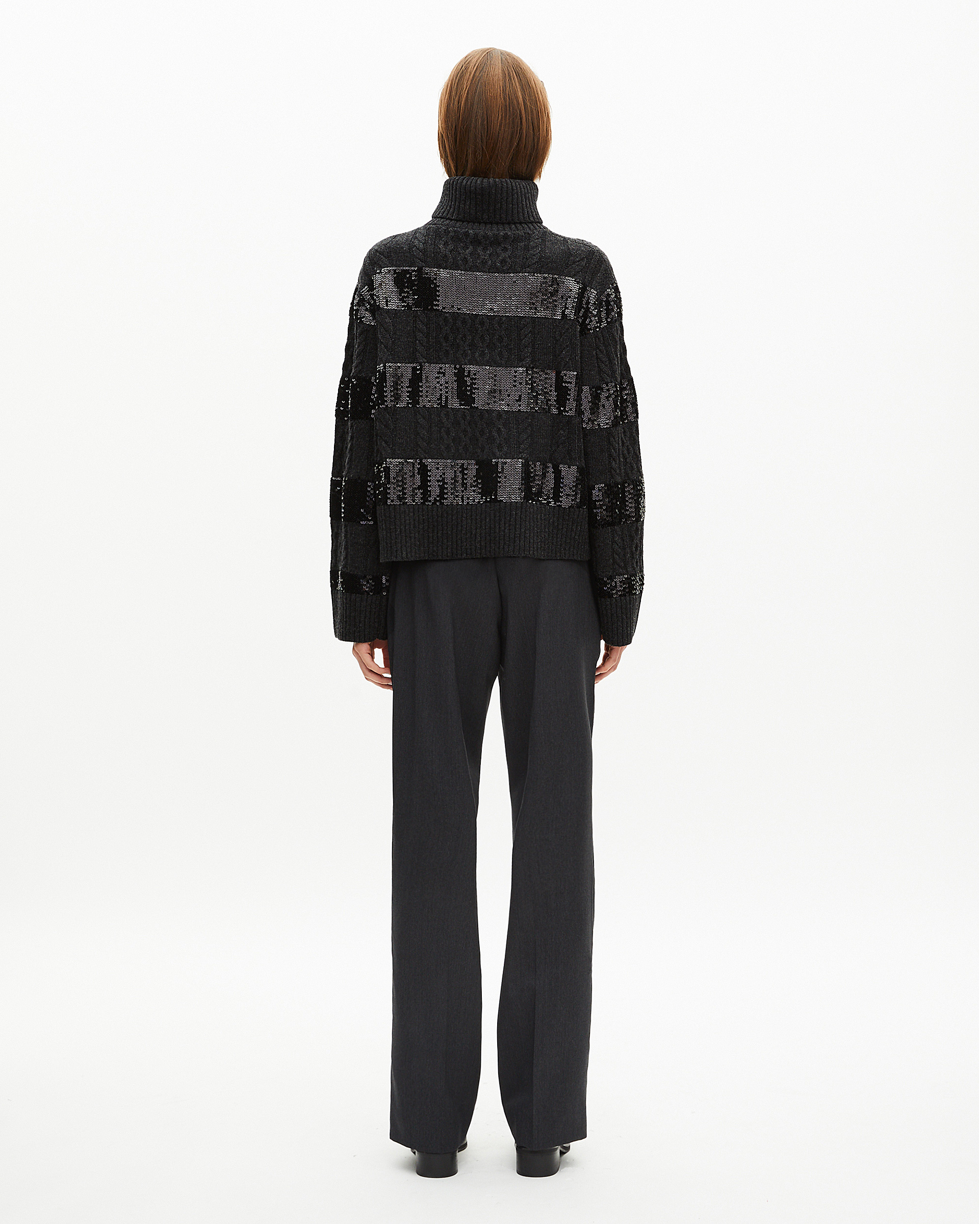 Dark grey turtleneck sweater with sequin stripes