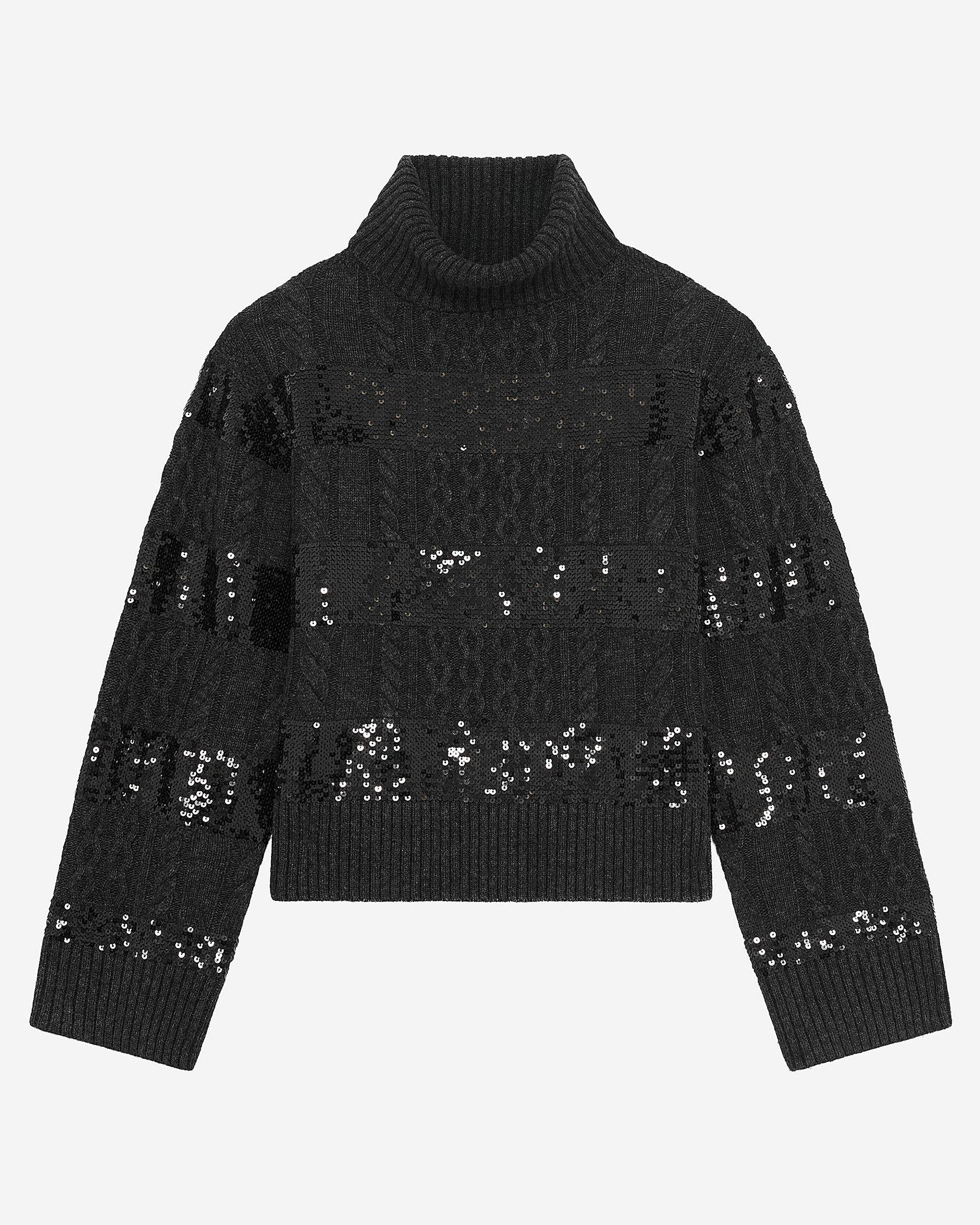Dark grey turtleneck sweater with sequin stripes