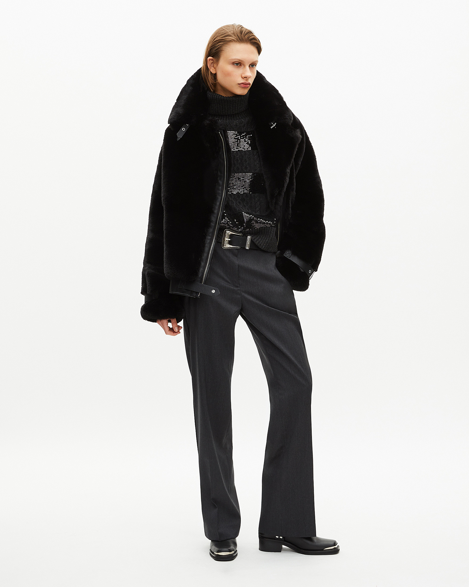 Black fur-effect aviator jacket