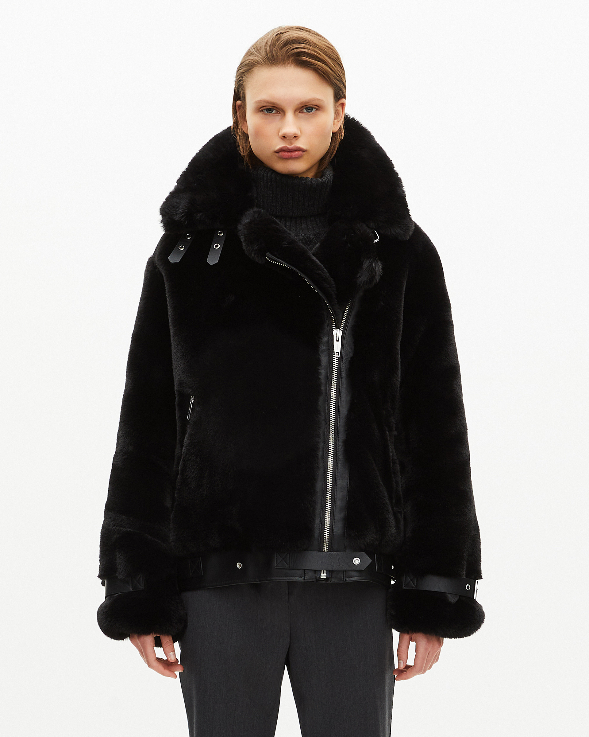 Black fur-effect aviator jacket