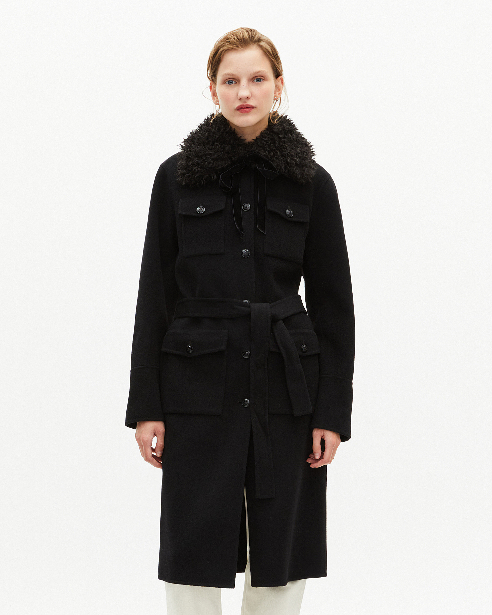 Long double-sided wool coat with black sherpa collar
