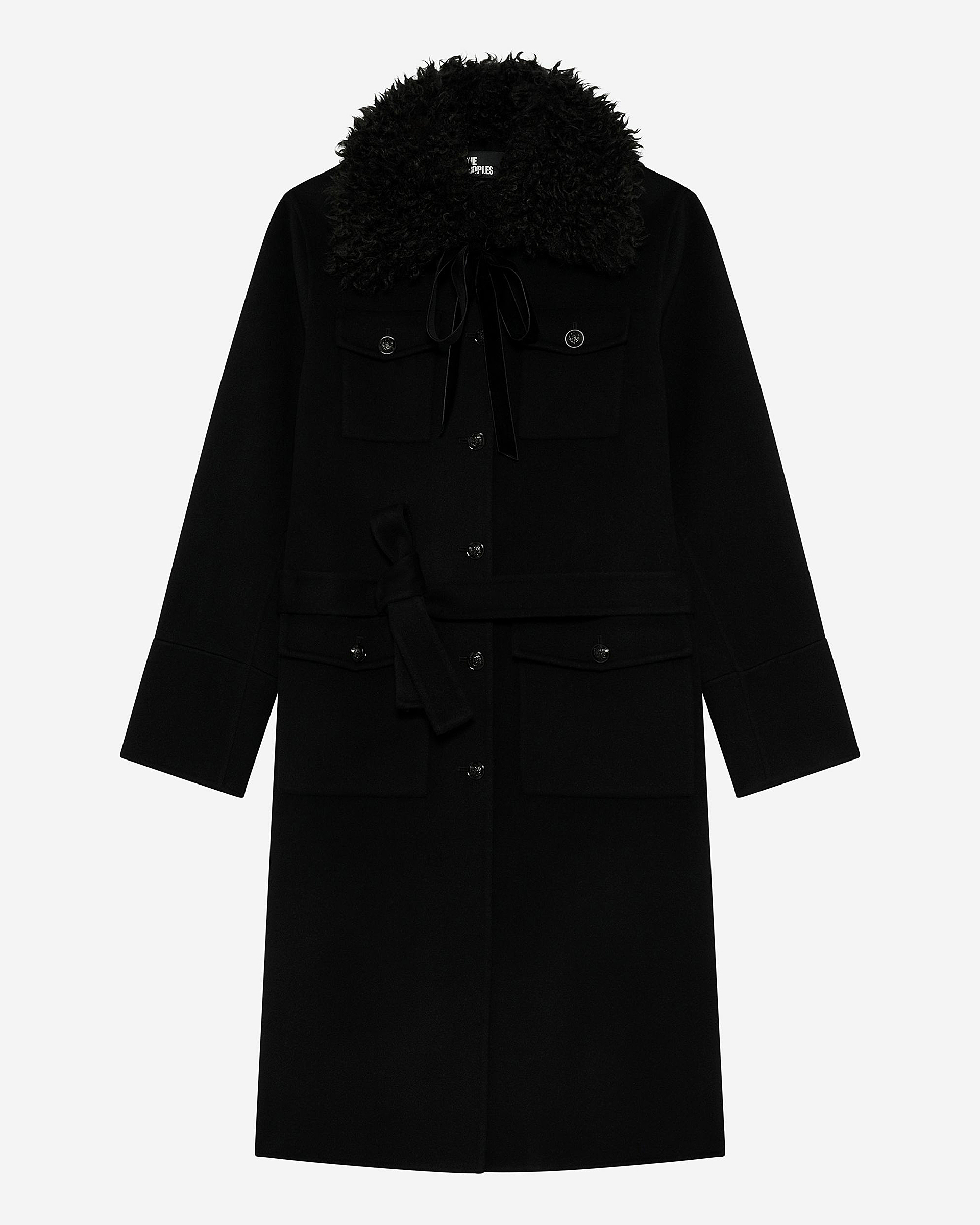 Long double-sided wool coat with black sherpa collar