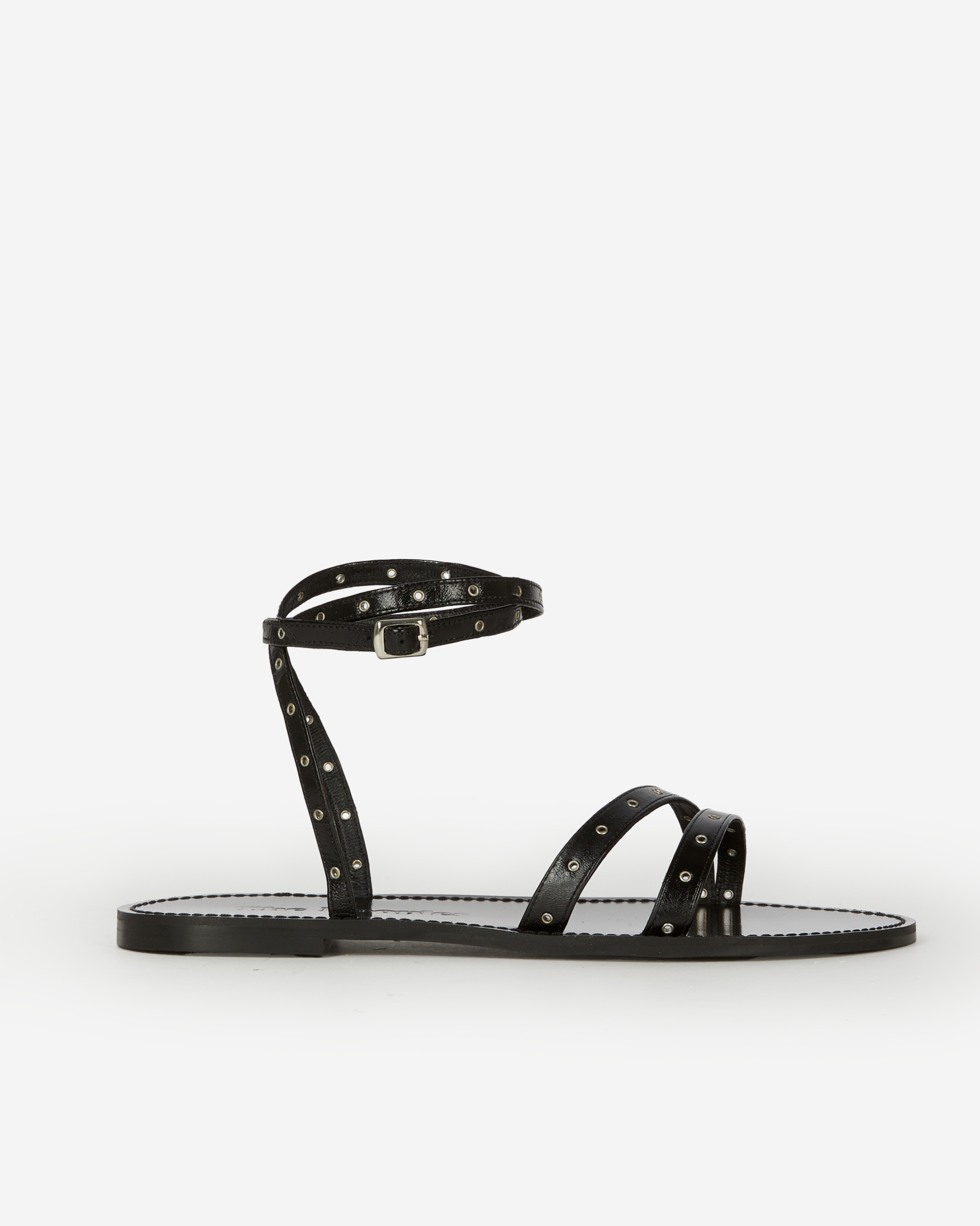 Black leather flat sandals with eyelets