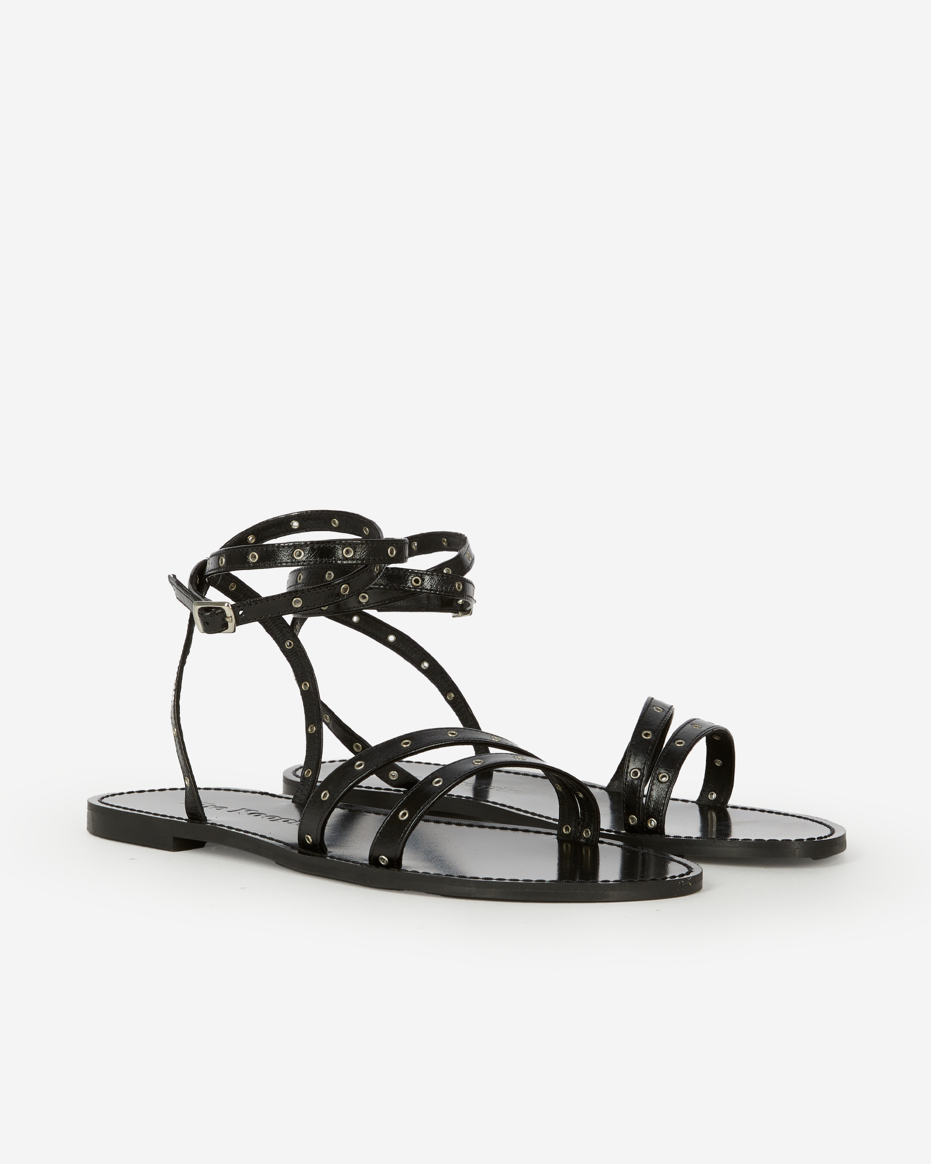 Black leather flat sandals with eyelets