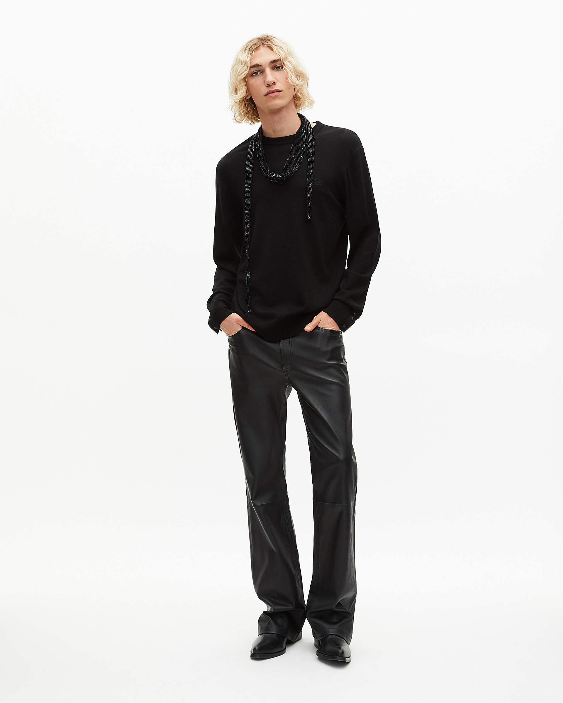 Black merino wool round-neck sweater