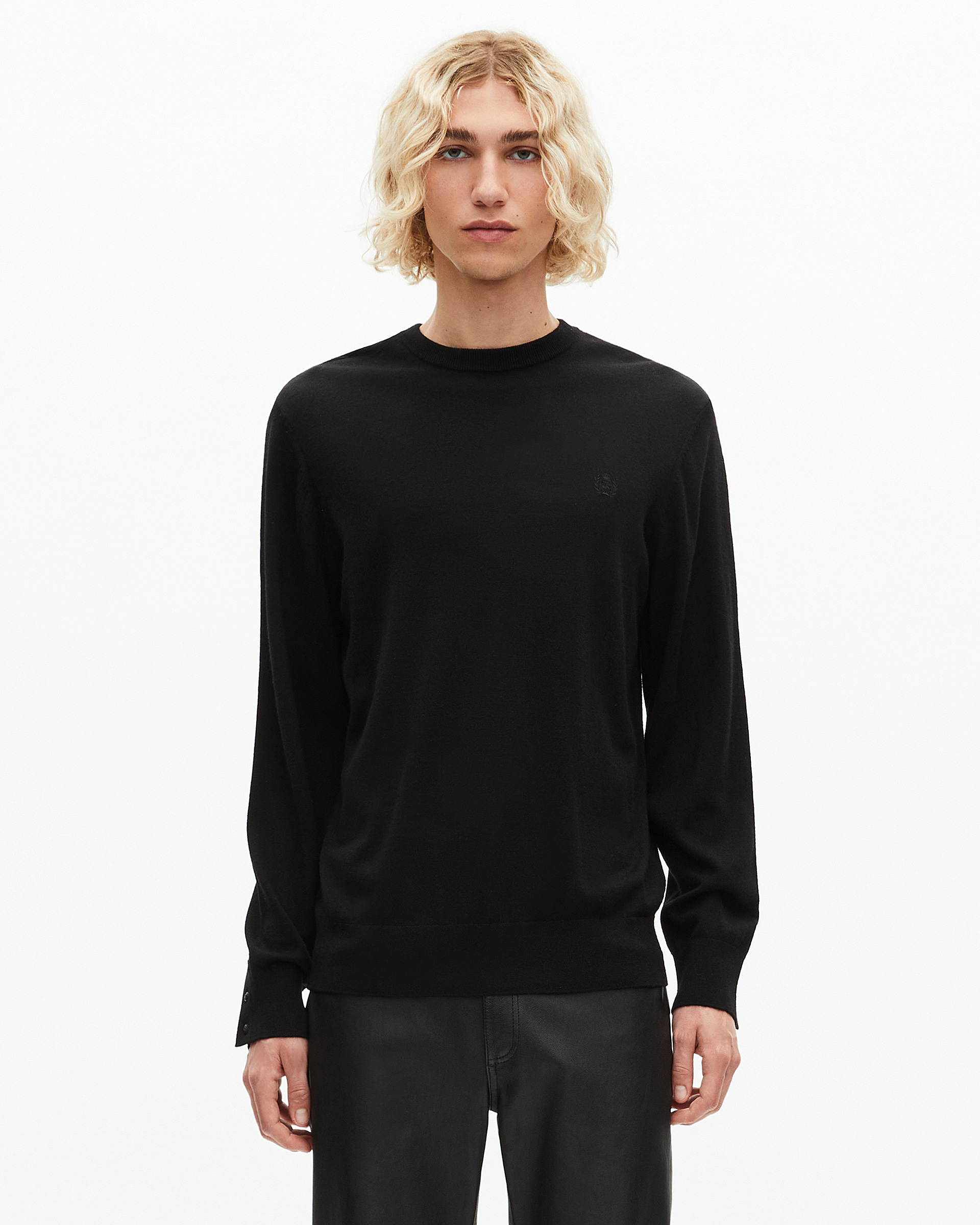 Black merino wool round-neck sweater