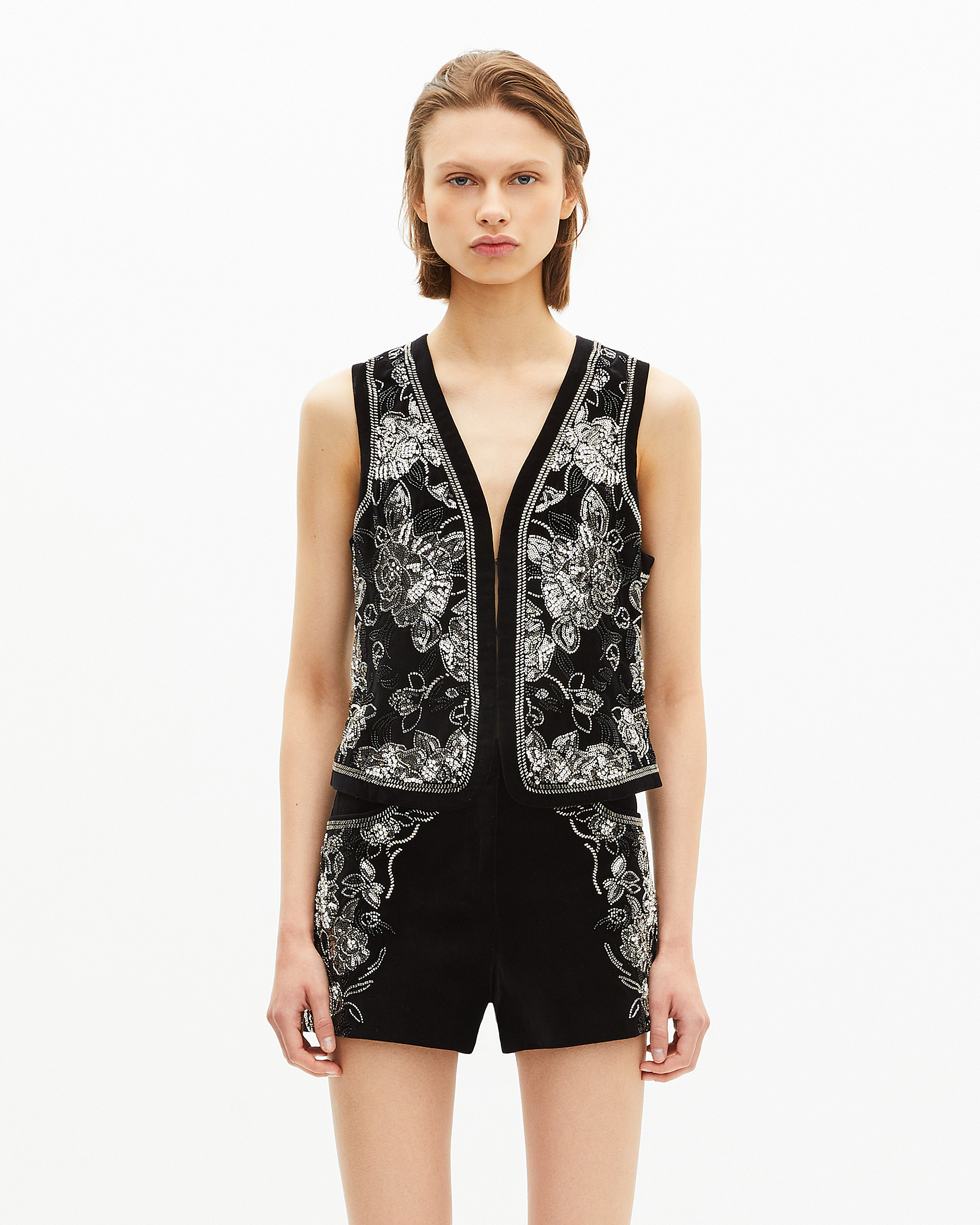 Black embroidered velvet vest