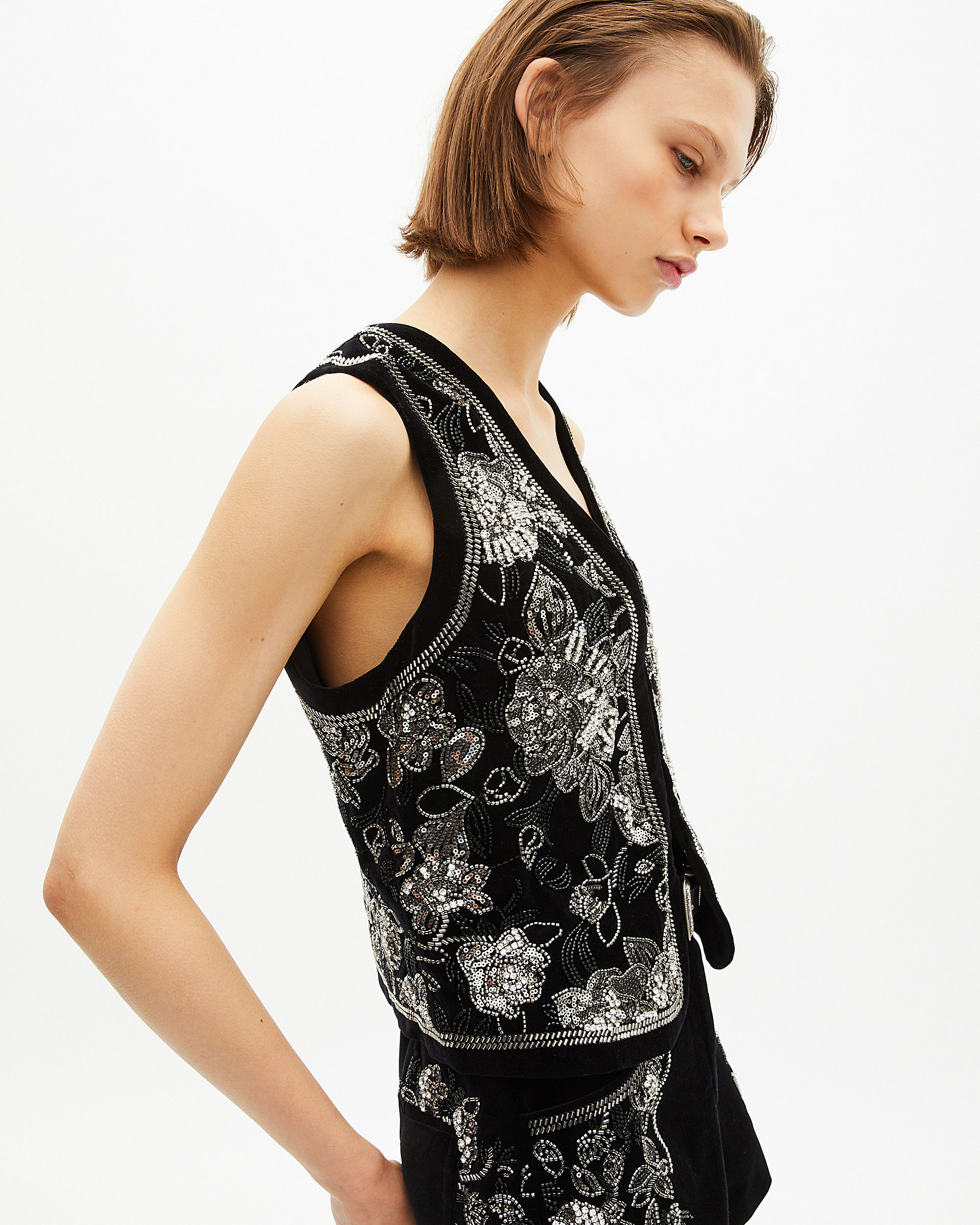 Black embroidered velvet vest