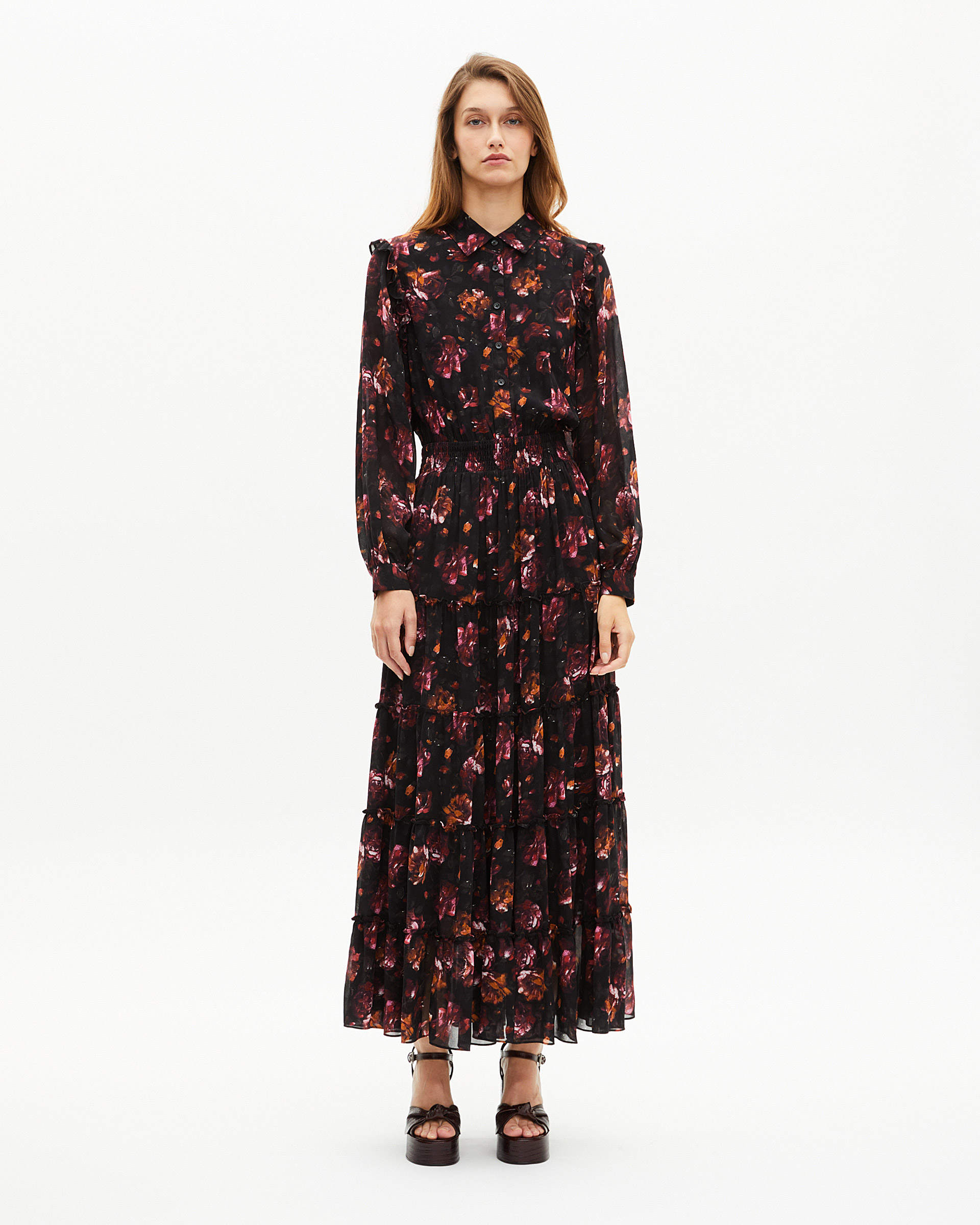 Long dress in burgundy rose print