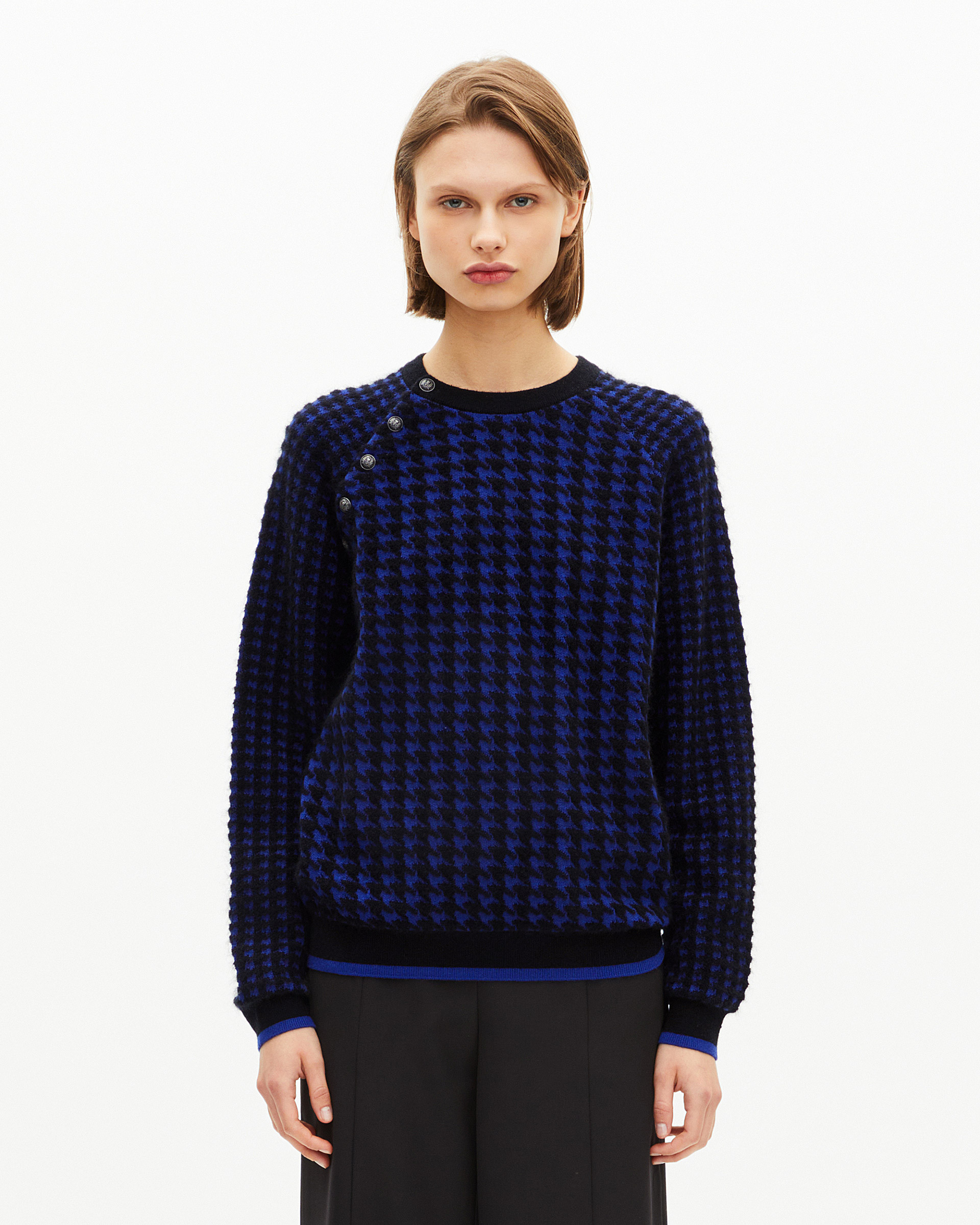 Blue wool blend houndstooth sweater
