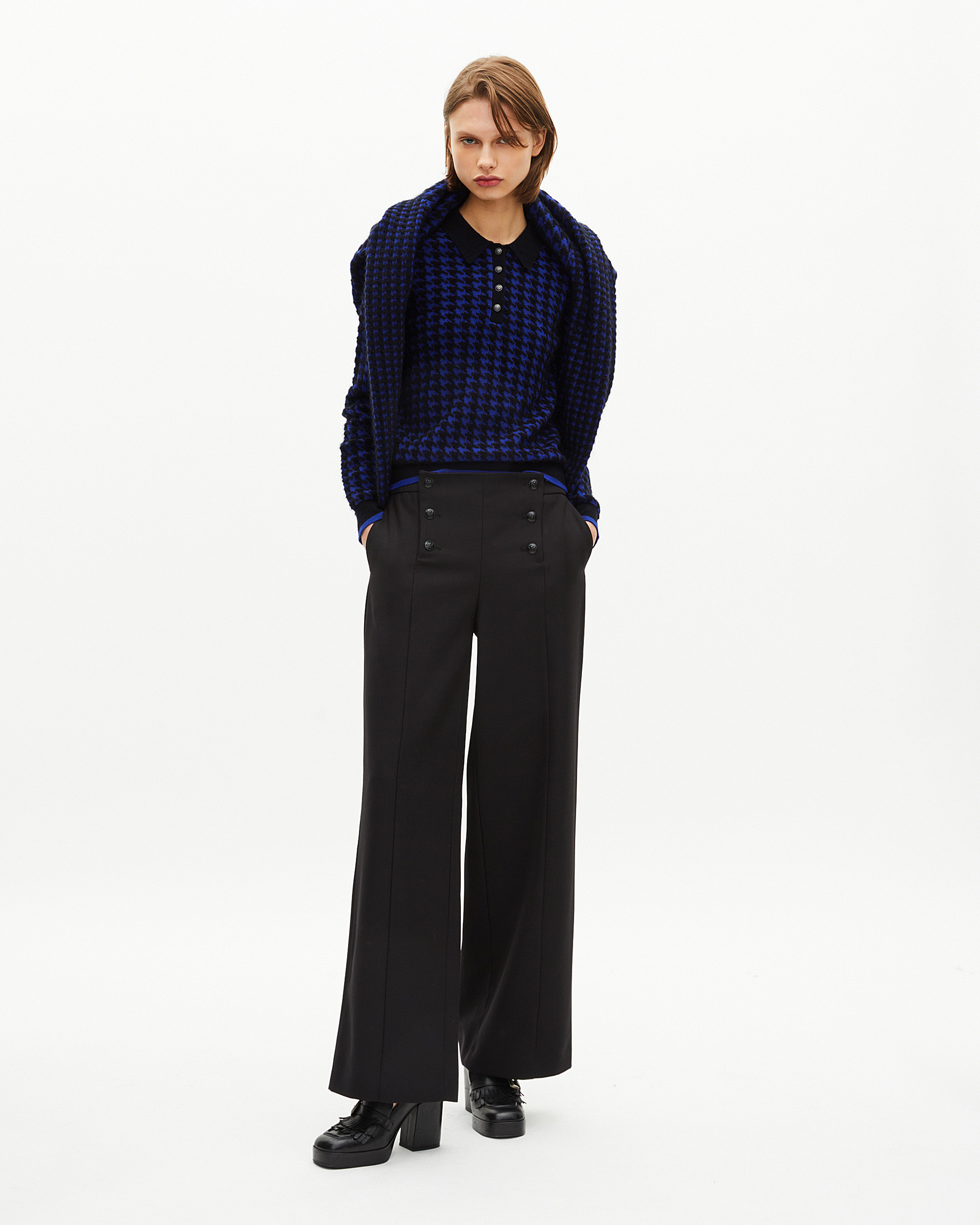 Blue wool blend houndstooth polo neck sweater