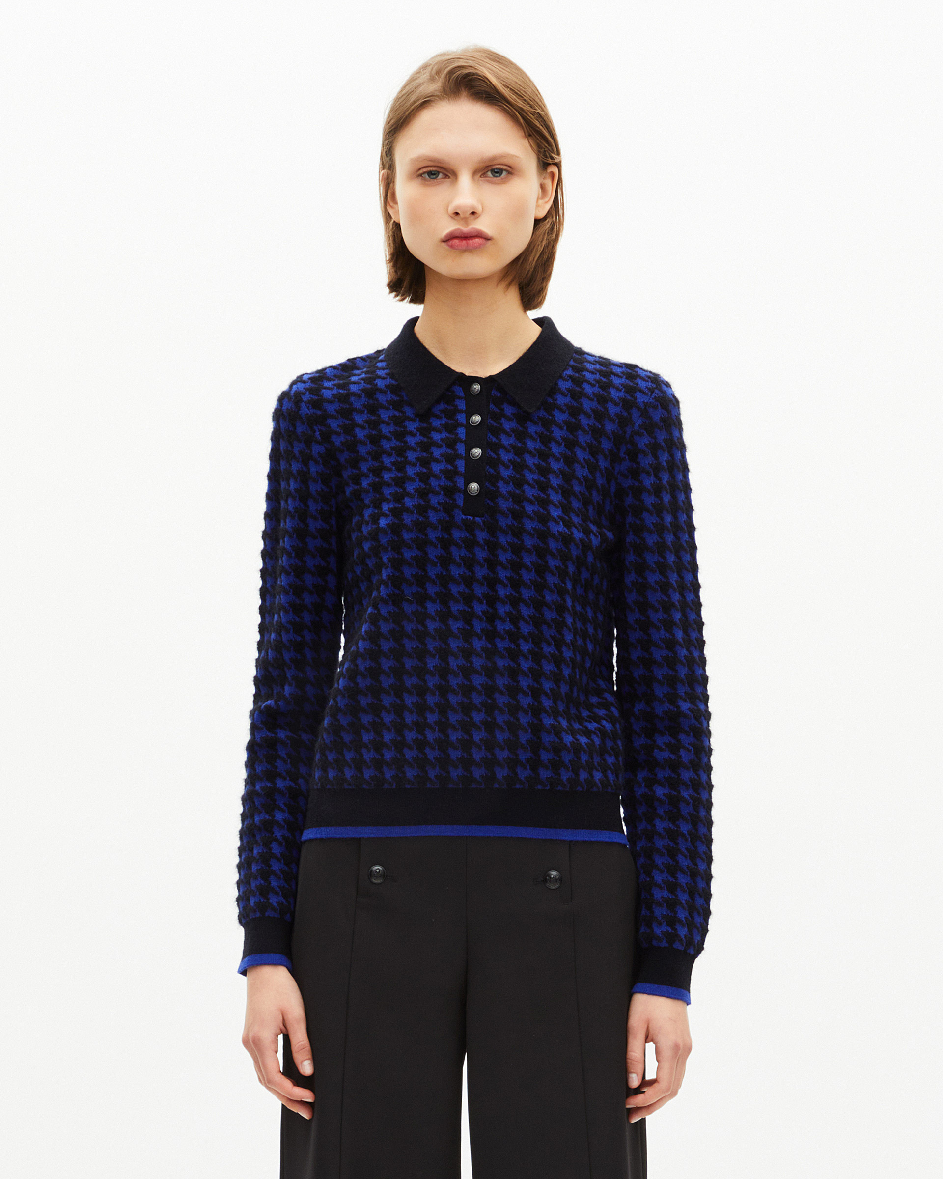Blue wool blend houndstooth polo neck sweater