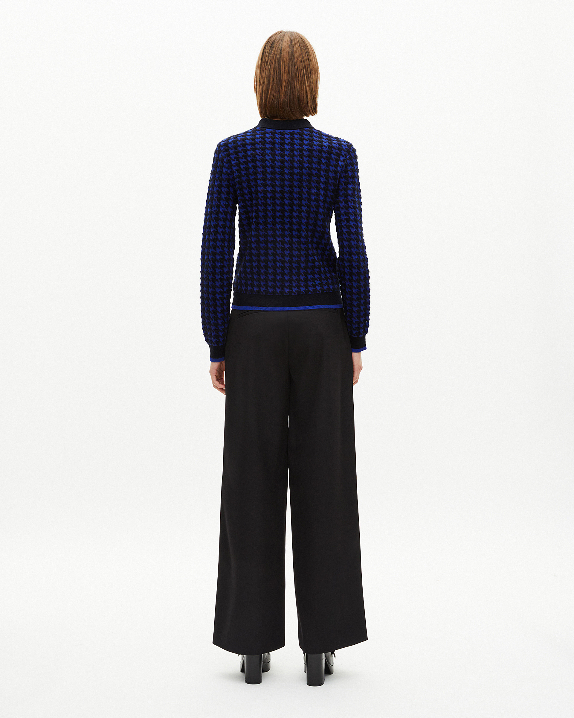 Blue wool blend houndstooth polo neck sweater