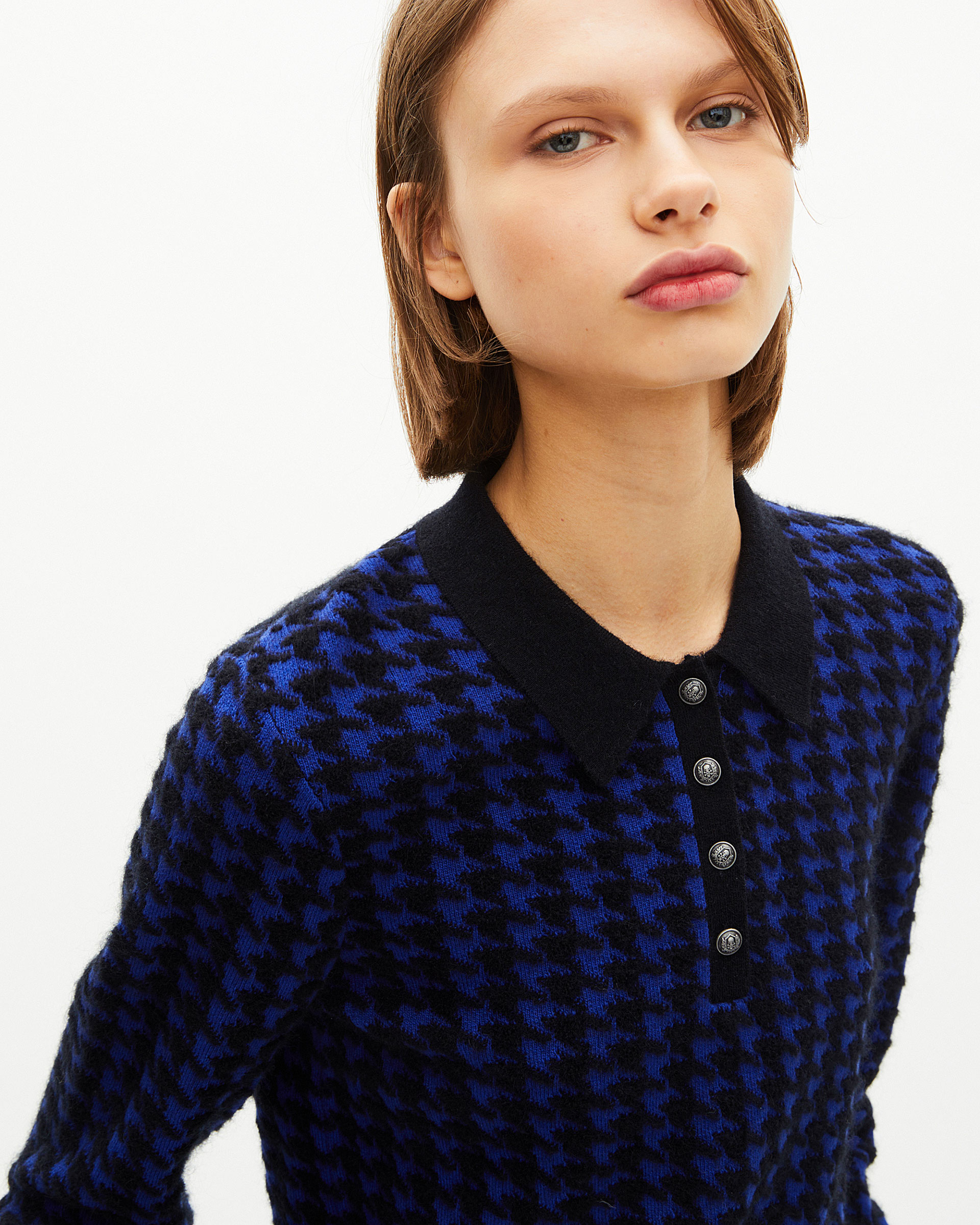 Blue wool blend houndstooth polo neck sweater