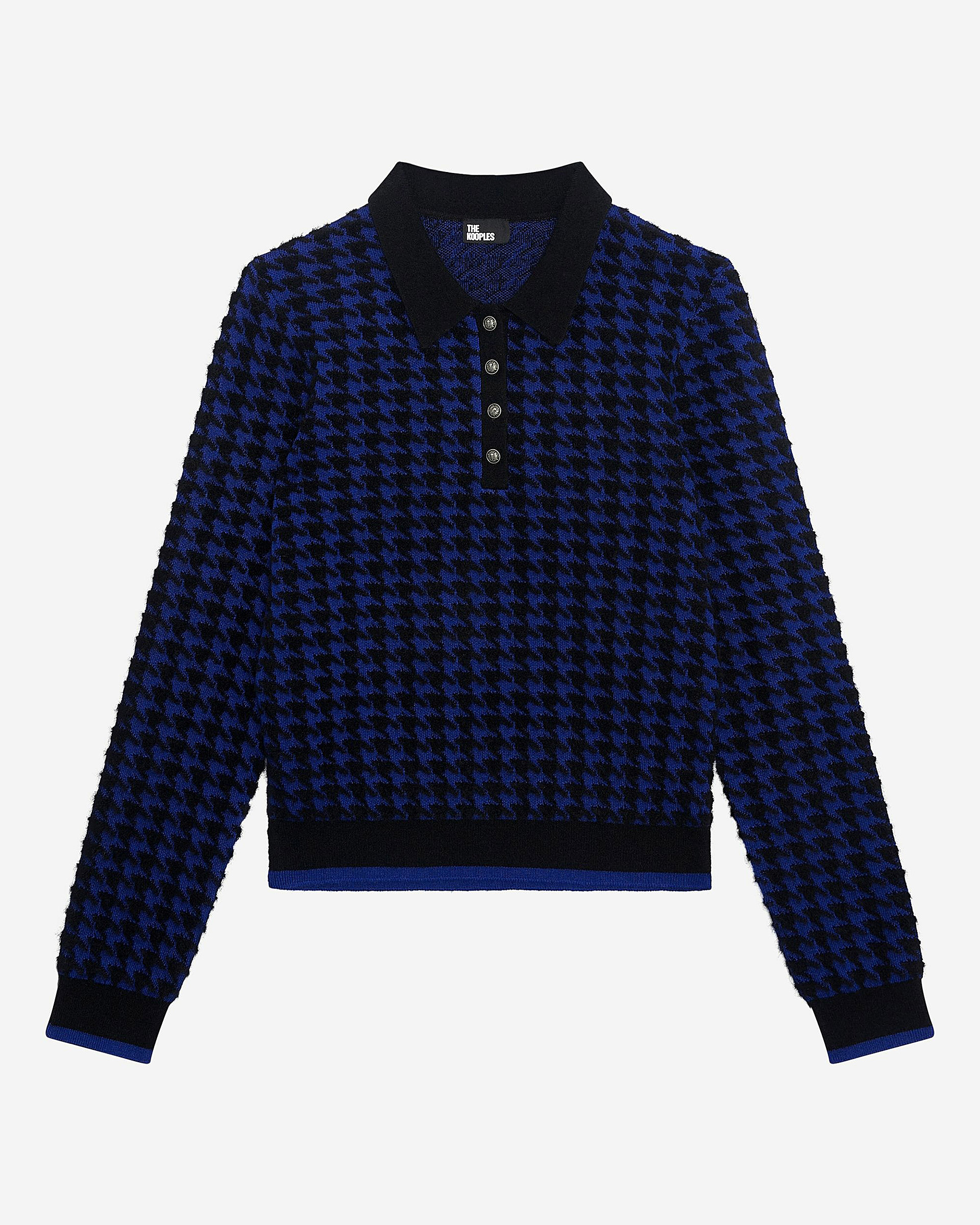 Blue wool blend houndstooth polo neck sweater