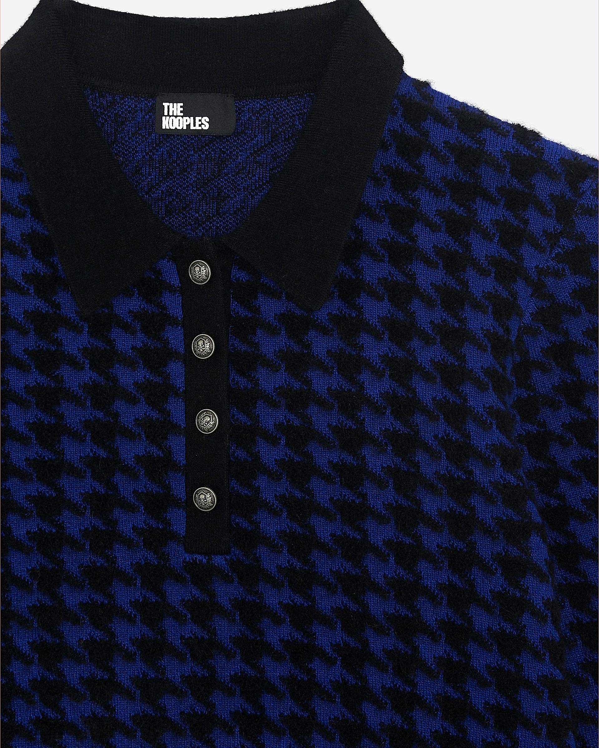 Blue wool blend houndstooth polo neck sweater