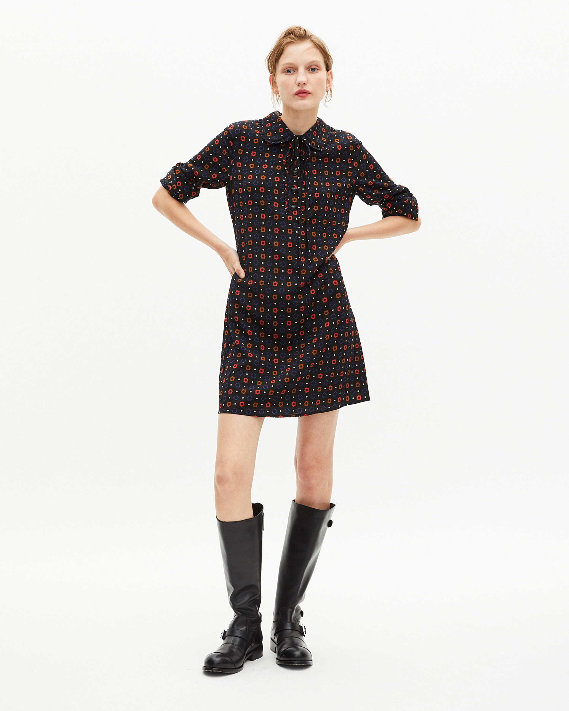 Black silk blend polka dot and floral print short dress