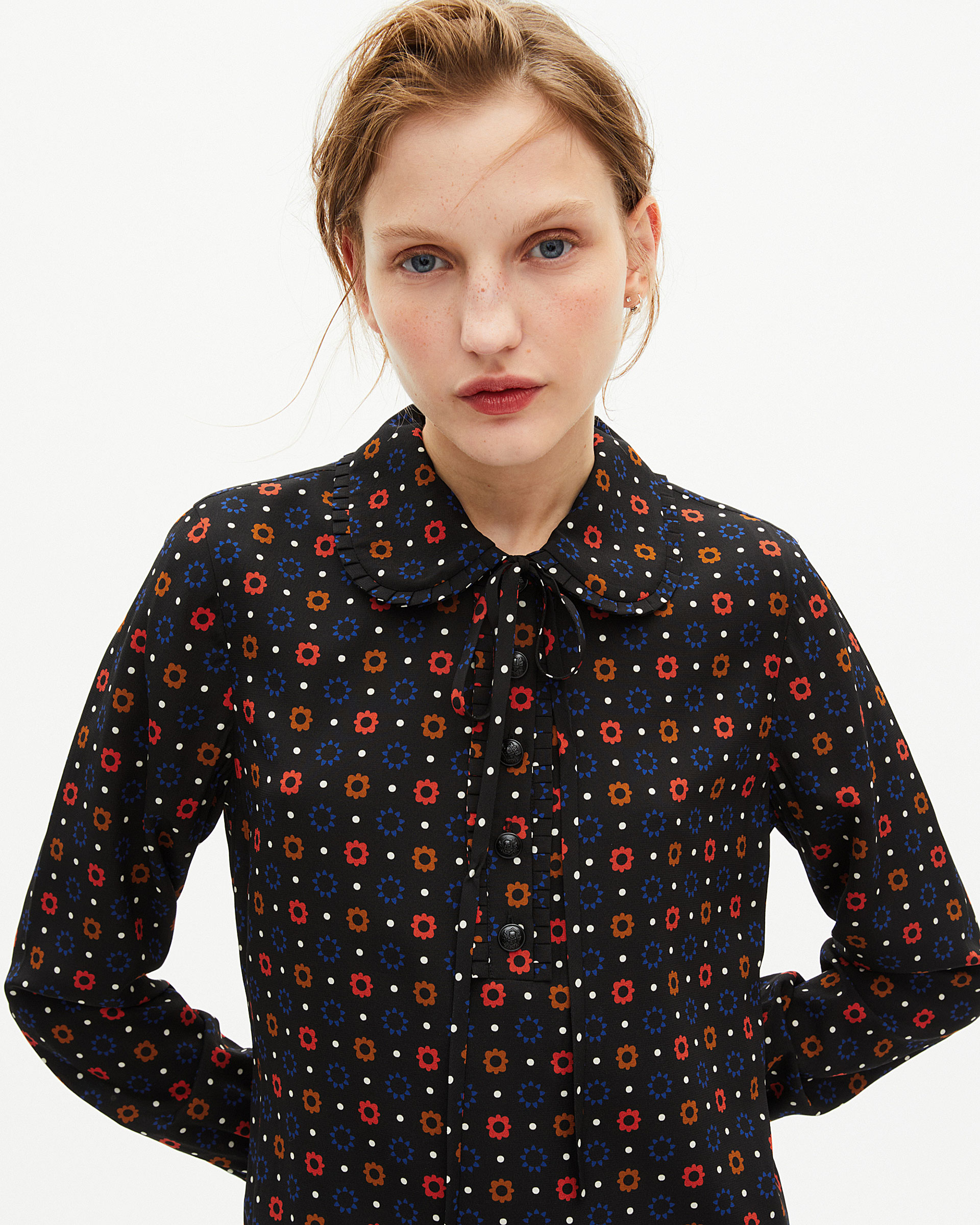 Black silk blend polka dot and floral print short dress