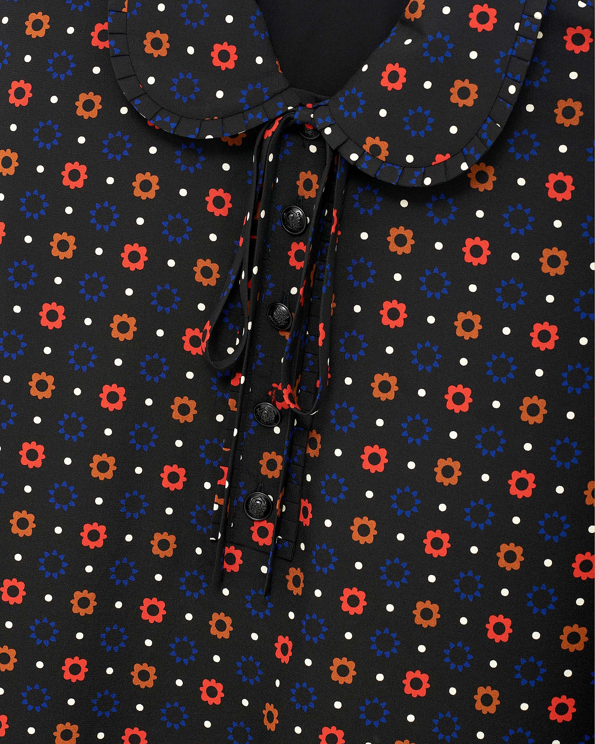 Black silk blend polka dot and floral print short dress