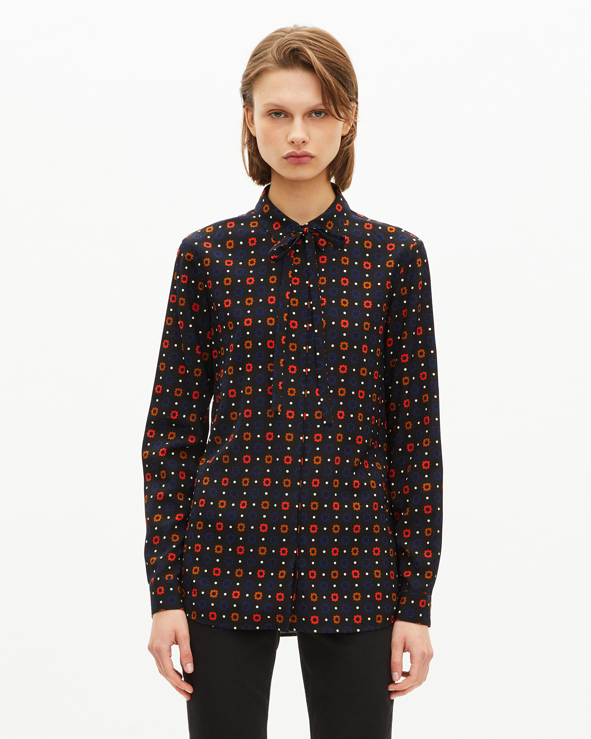Black silk blend polka dot and floral print shirt