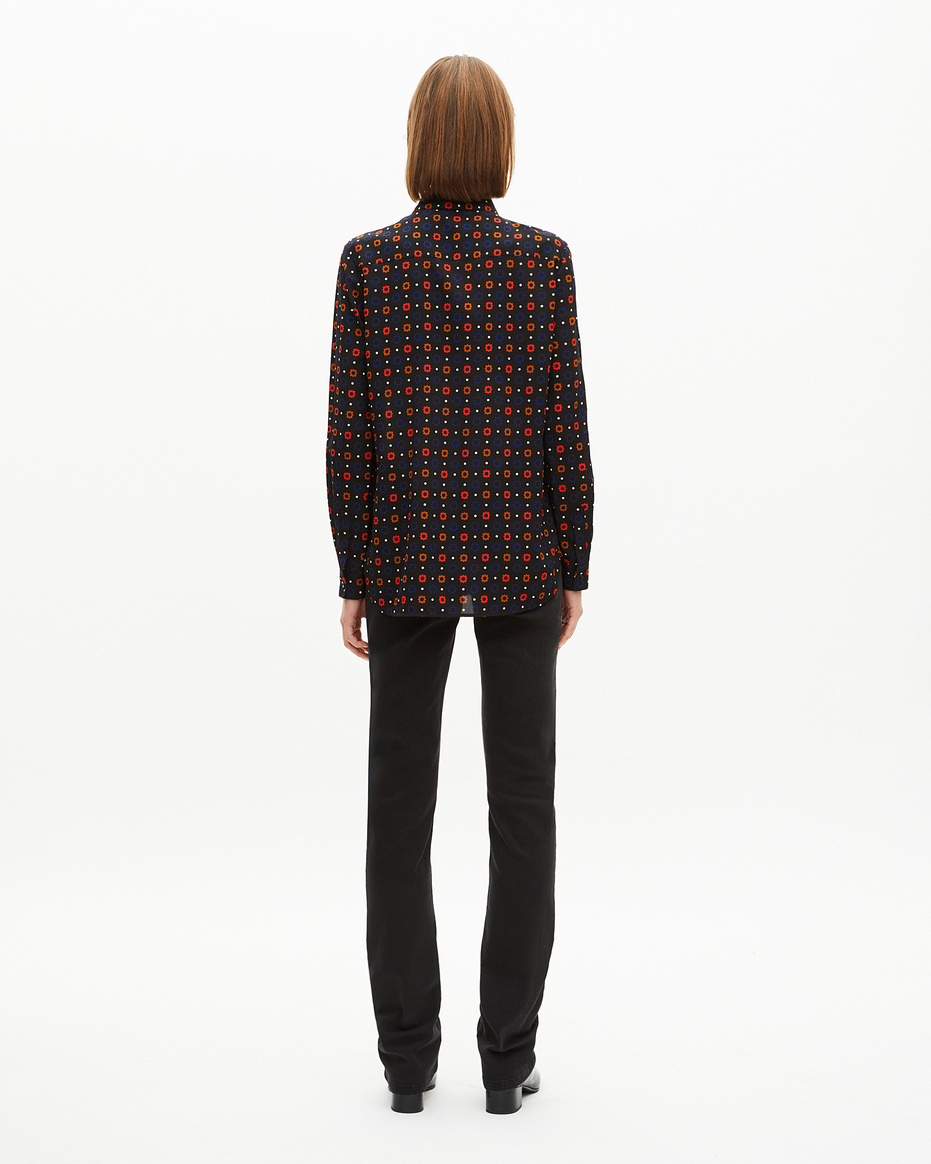 Black silk blend polka dot and floral print shirt