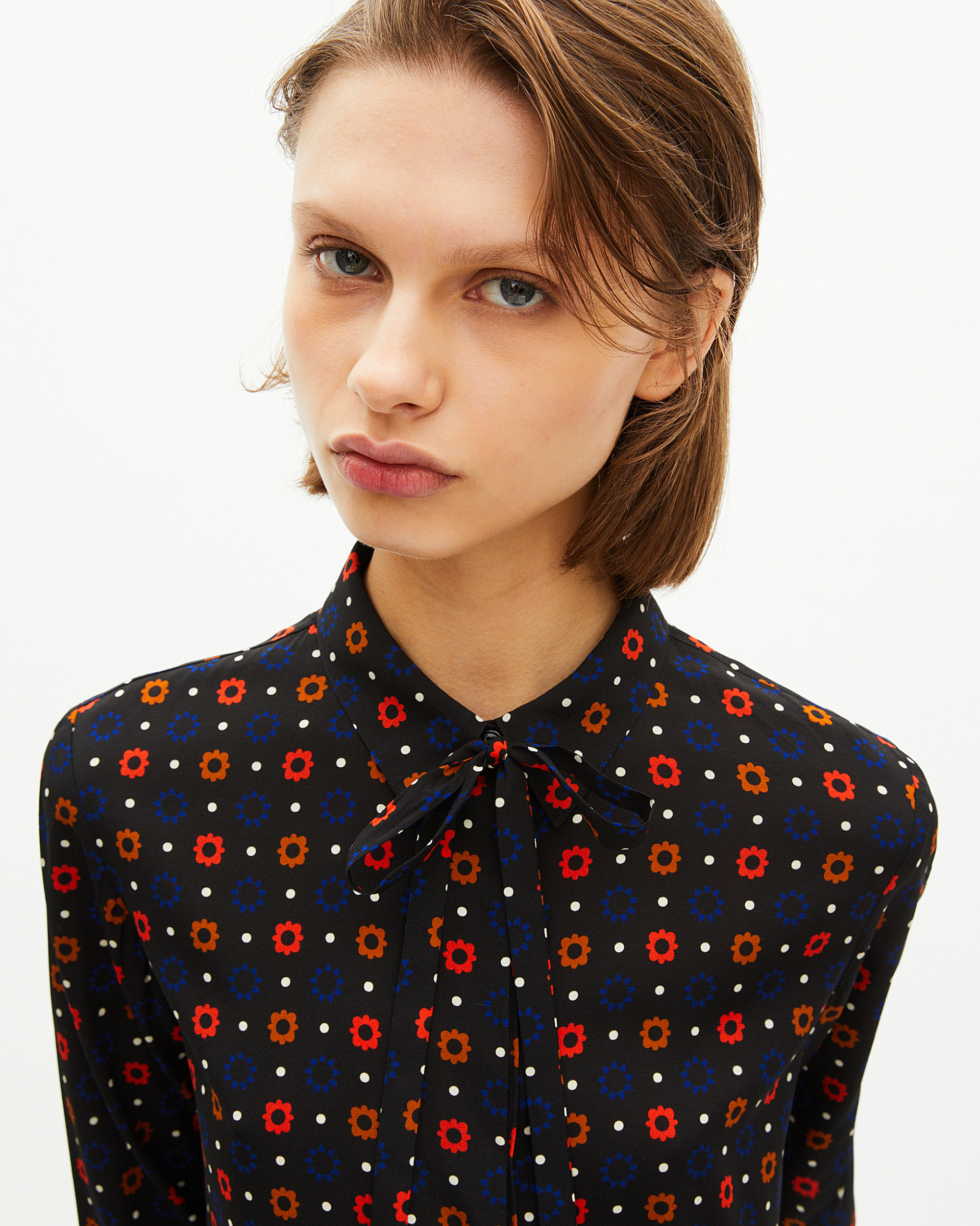 Black silk blend polka dot and floral print shirt