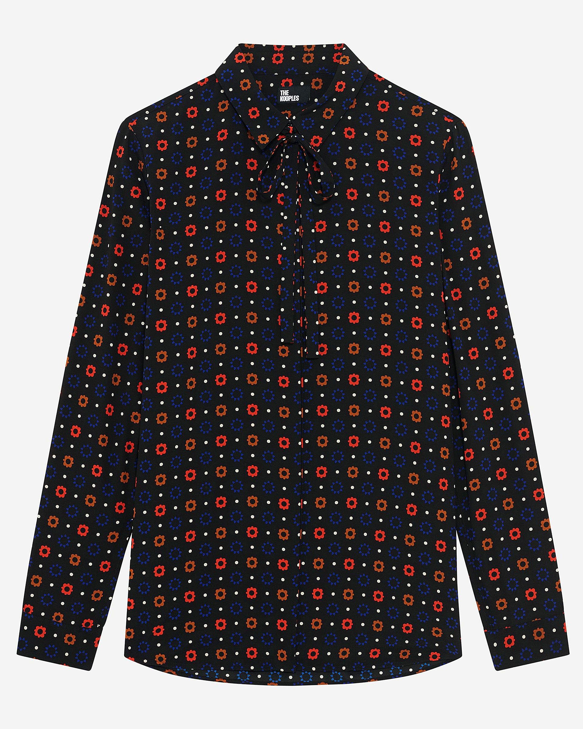 Black silk blend polka dot and floral print shirt