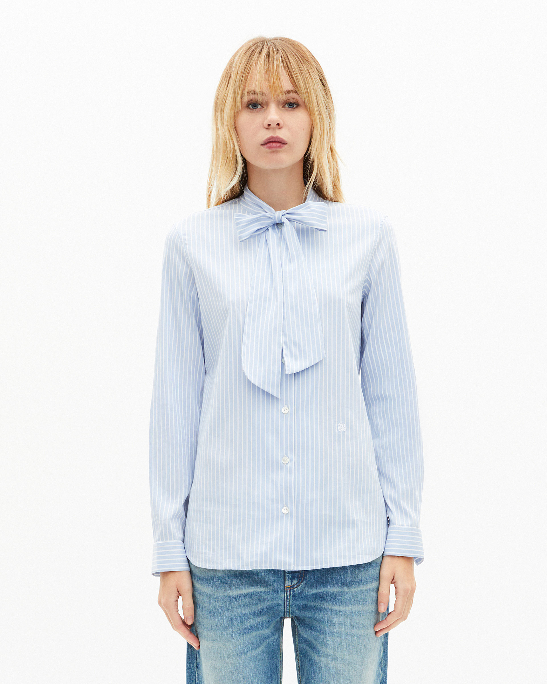 Blue striped cotton blend shirt with lavaliere collar