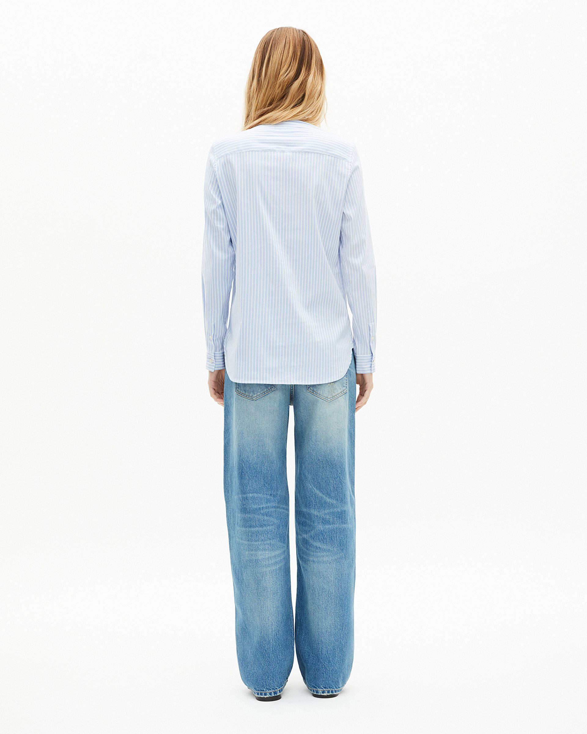 Blue striped cotton blend shirt with lavaliere collar