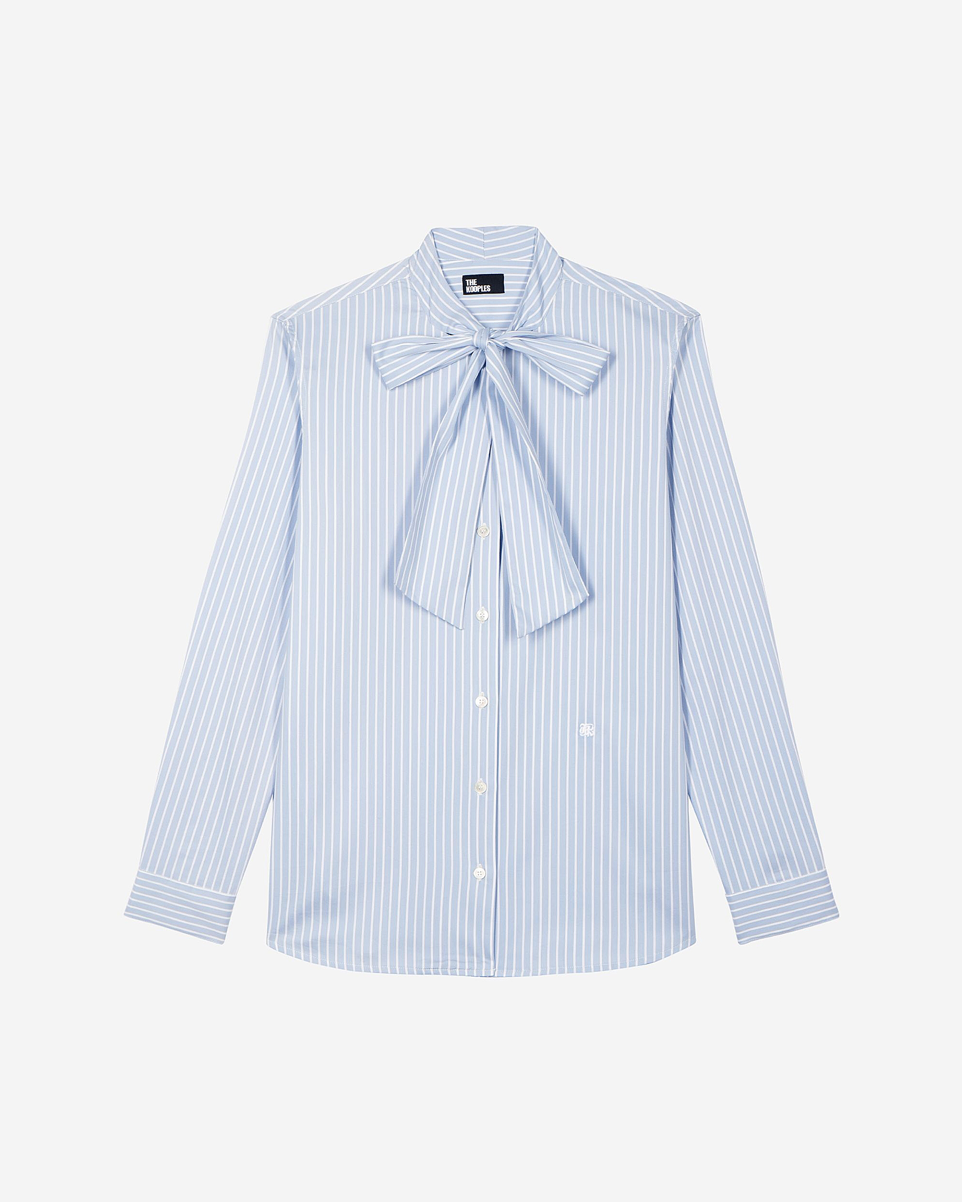Blue striped cotton blend shirt with lavaliere collar