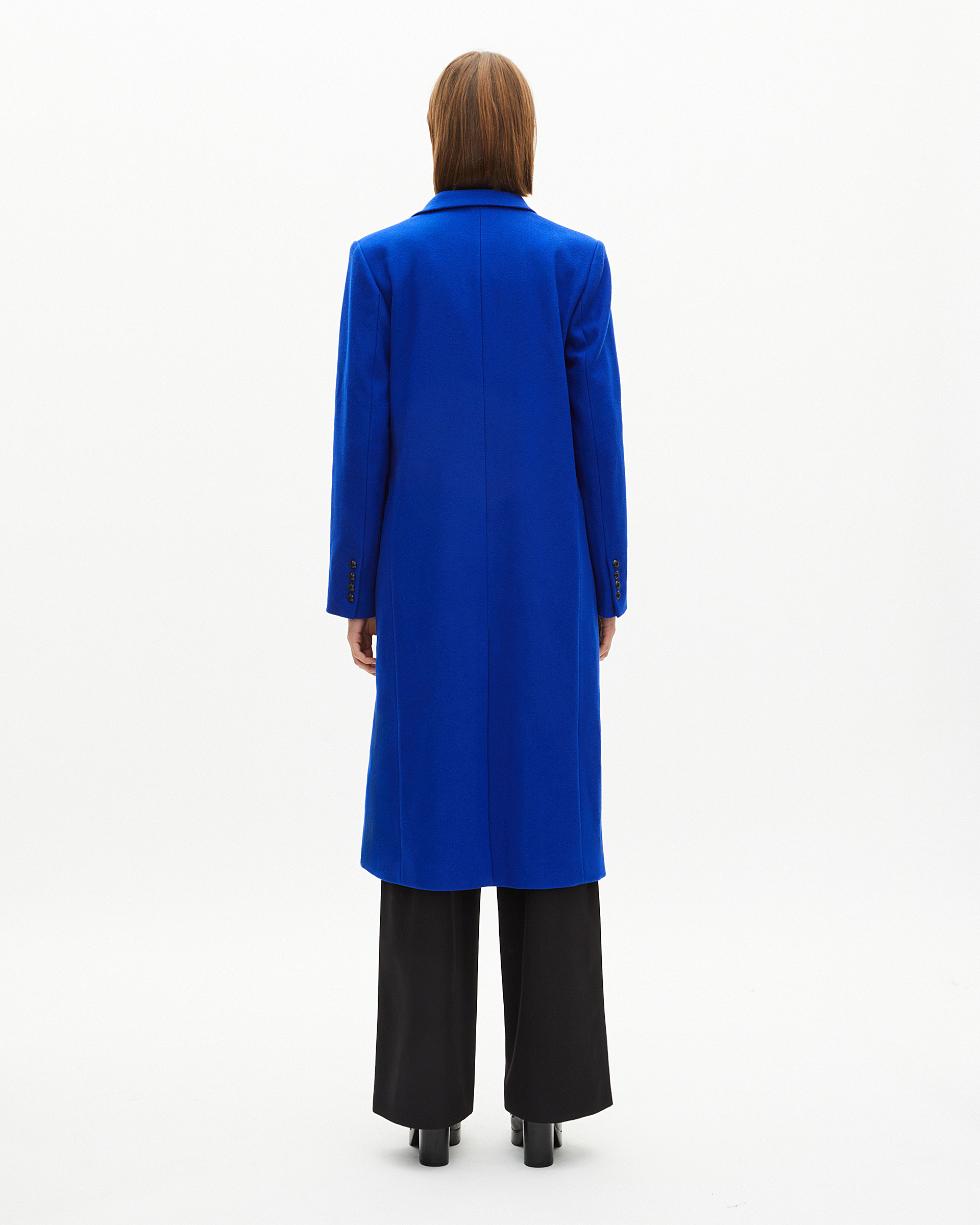 Long electric blue wool double-breasted coat