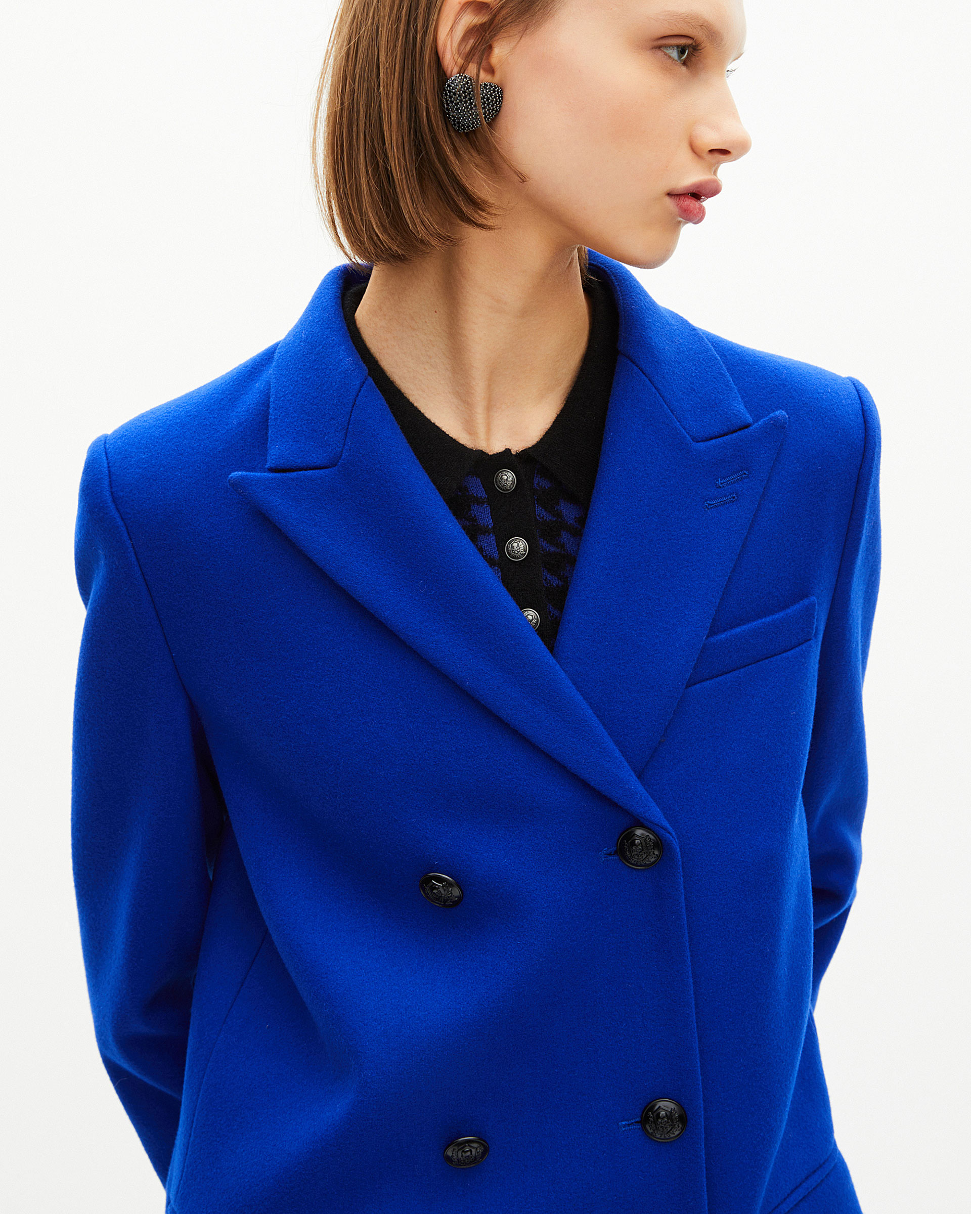 Long electric blue wool double-breasted coat