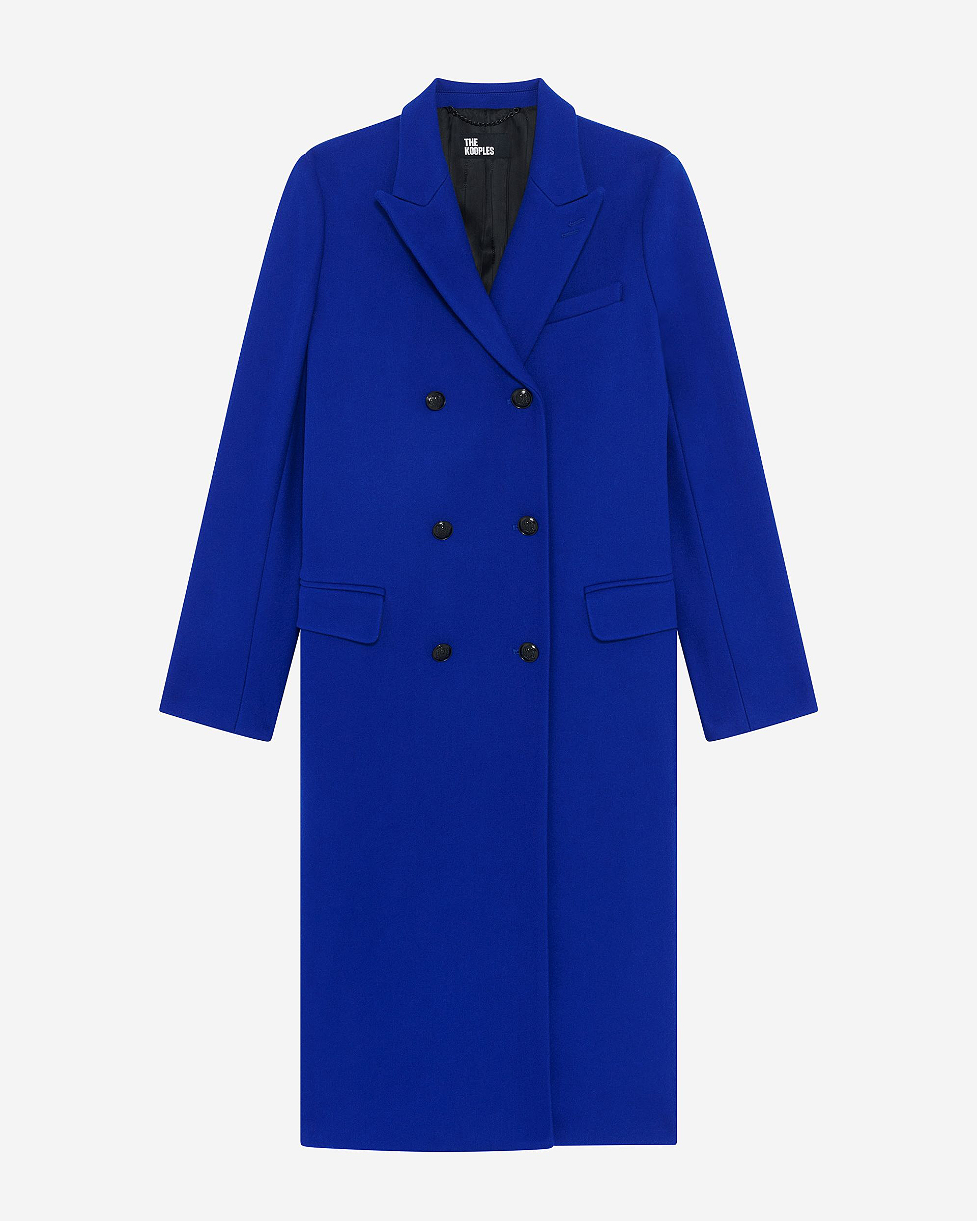 Long electric blue wool double-breasted coat