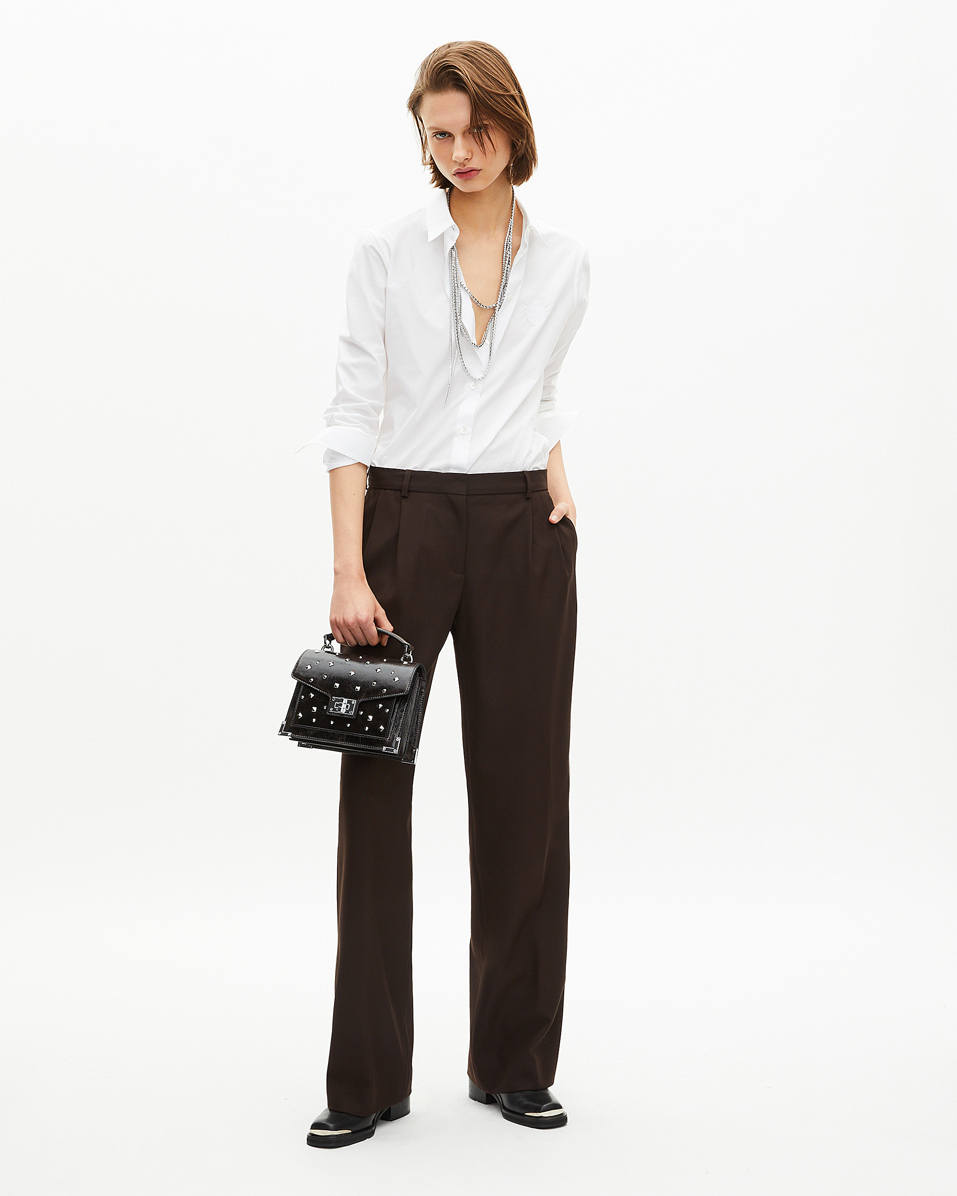 Brown wool blend wide-leg tailored pants