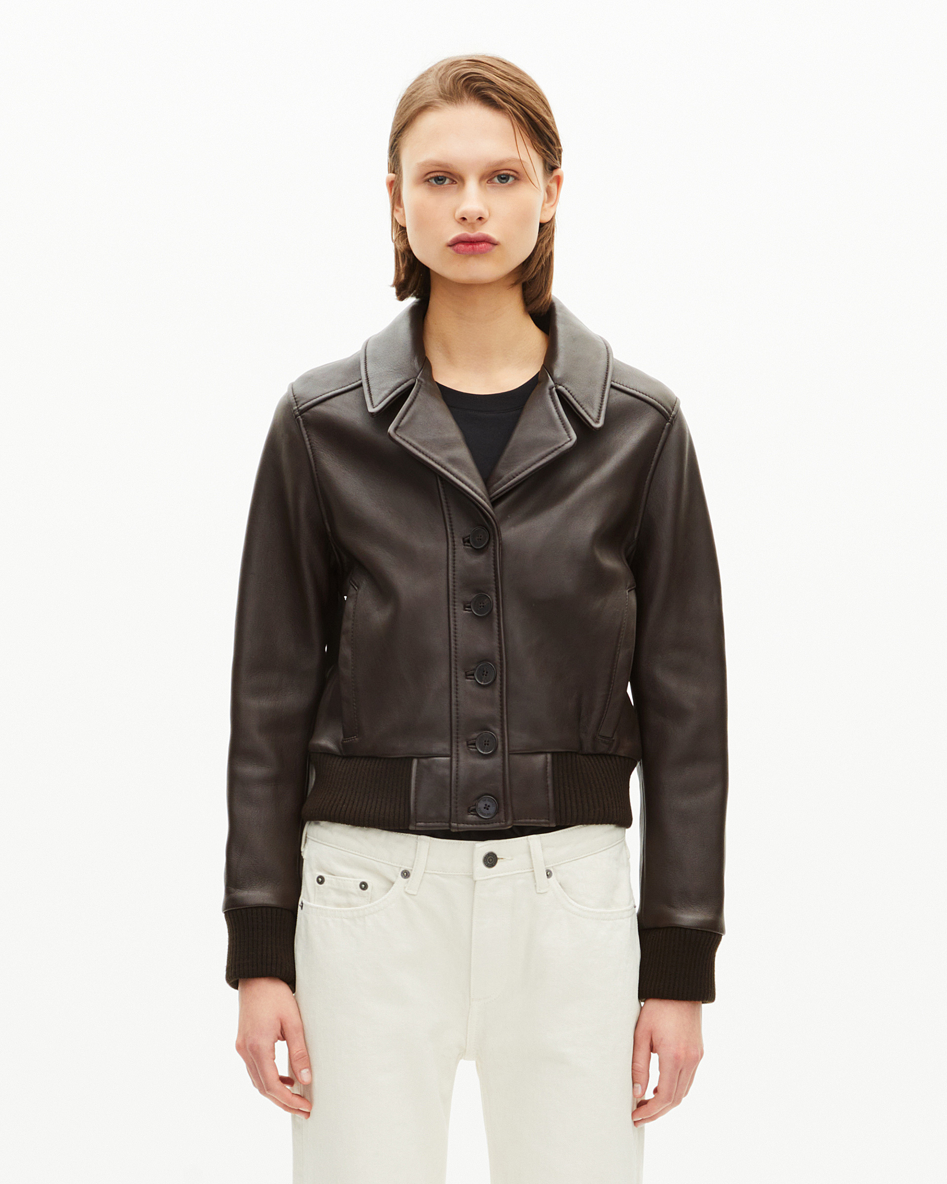 Short brown leather jacket