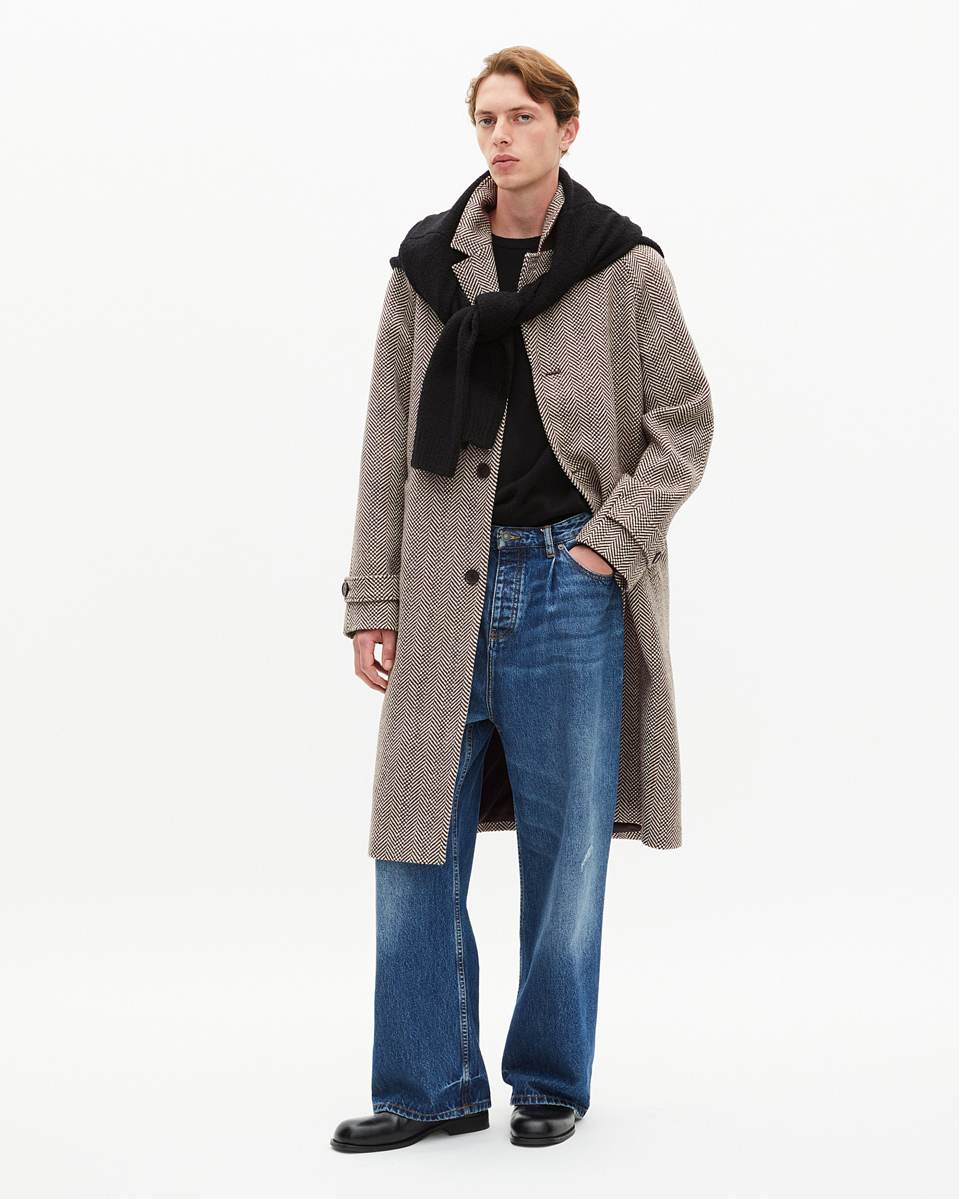 Long brown wool herringbone coat