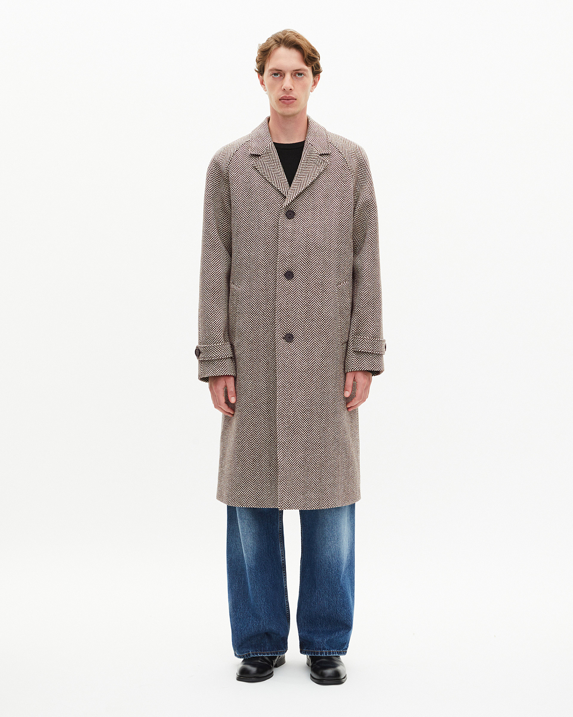 Long brown wool herringbone coat
