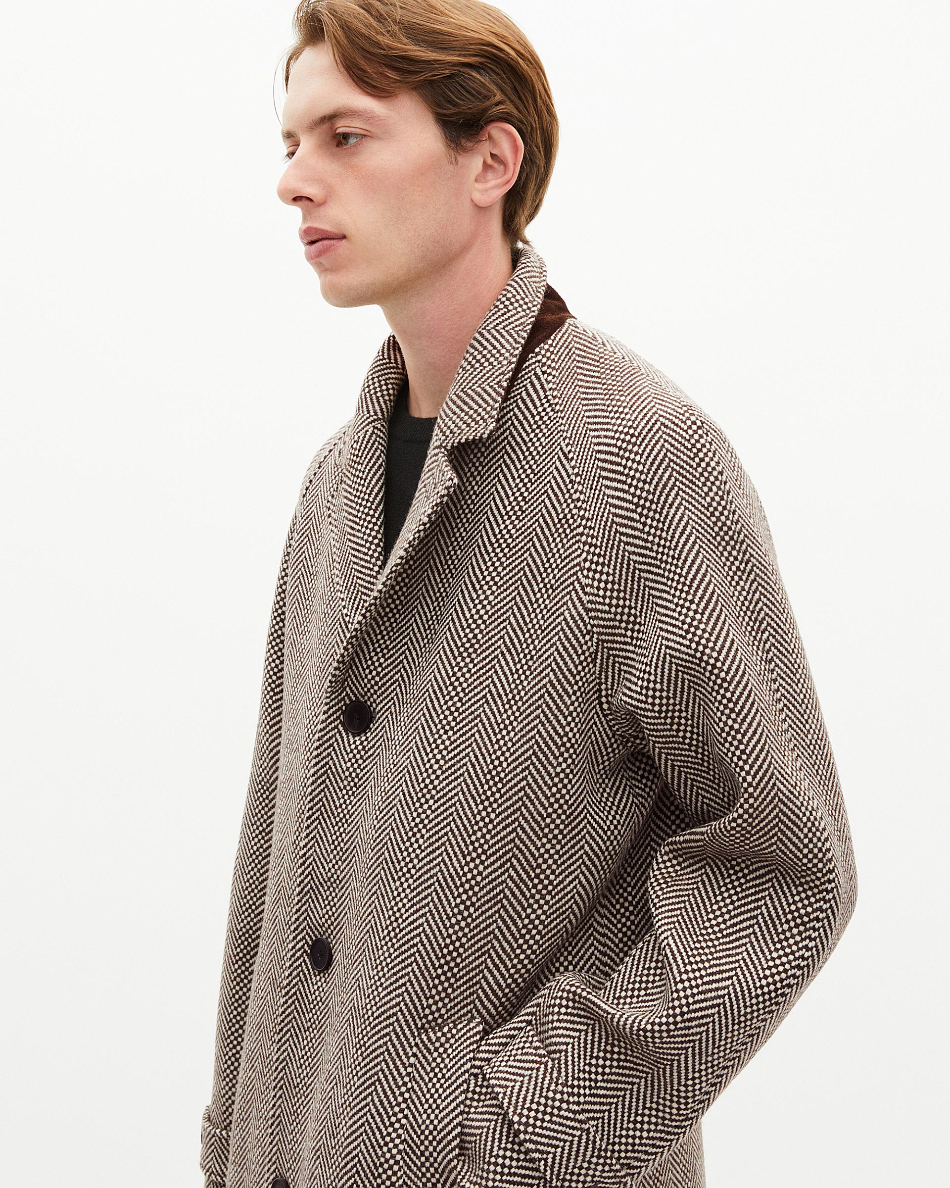 Long brown wool herringbone coat