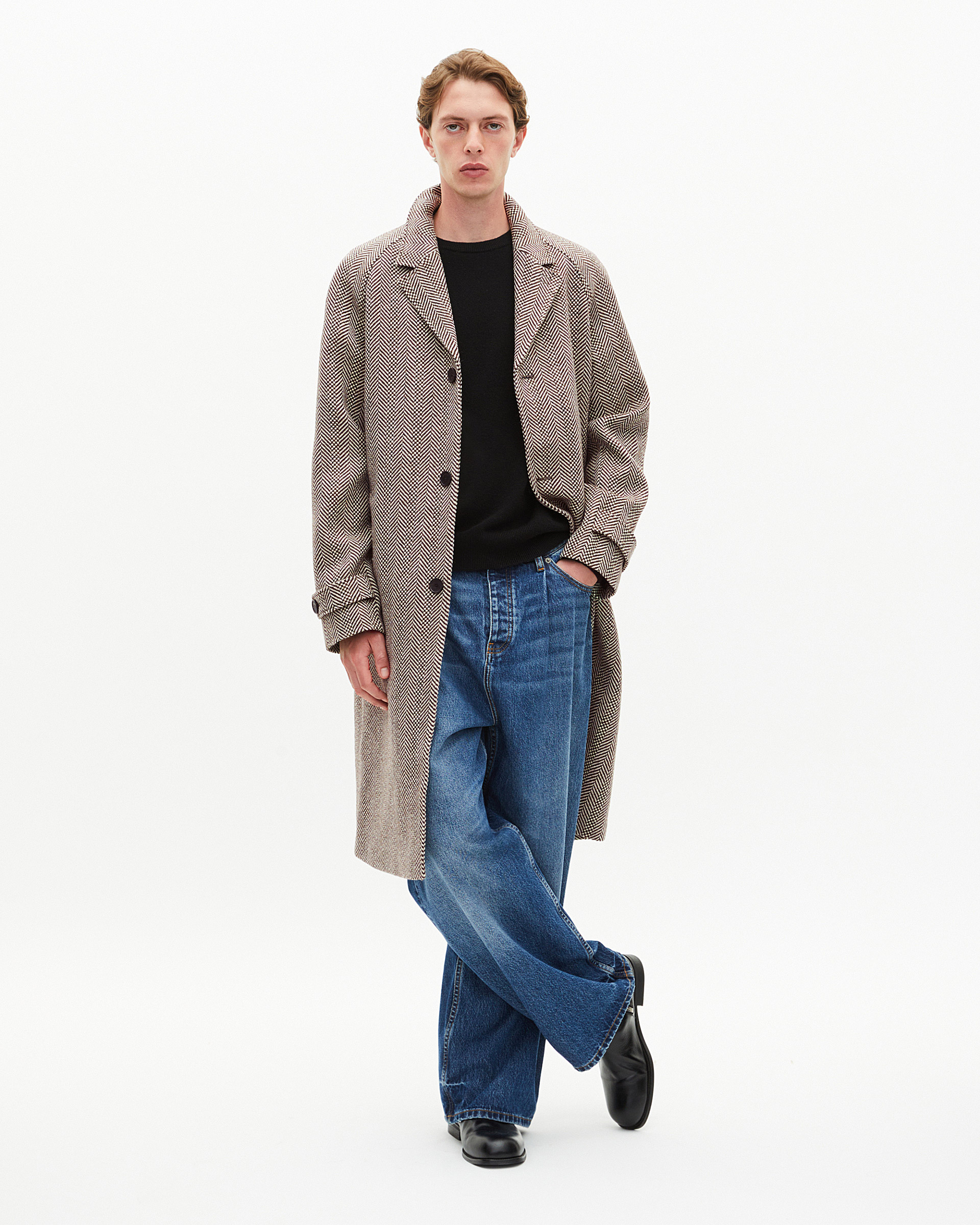 Long brown wool herringbone coat