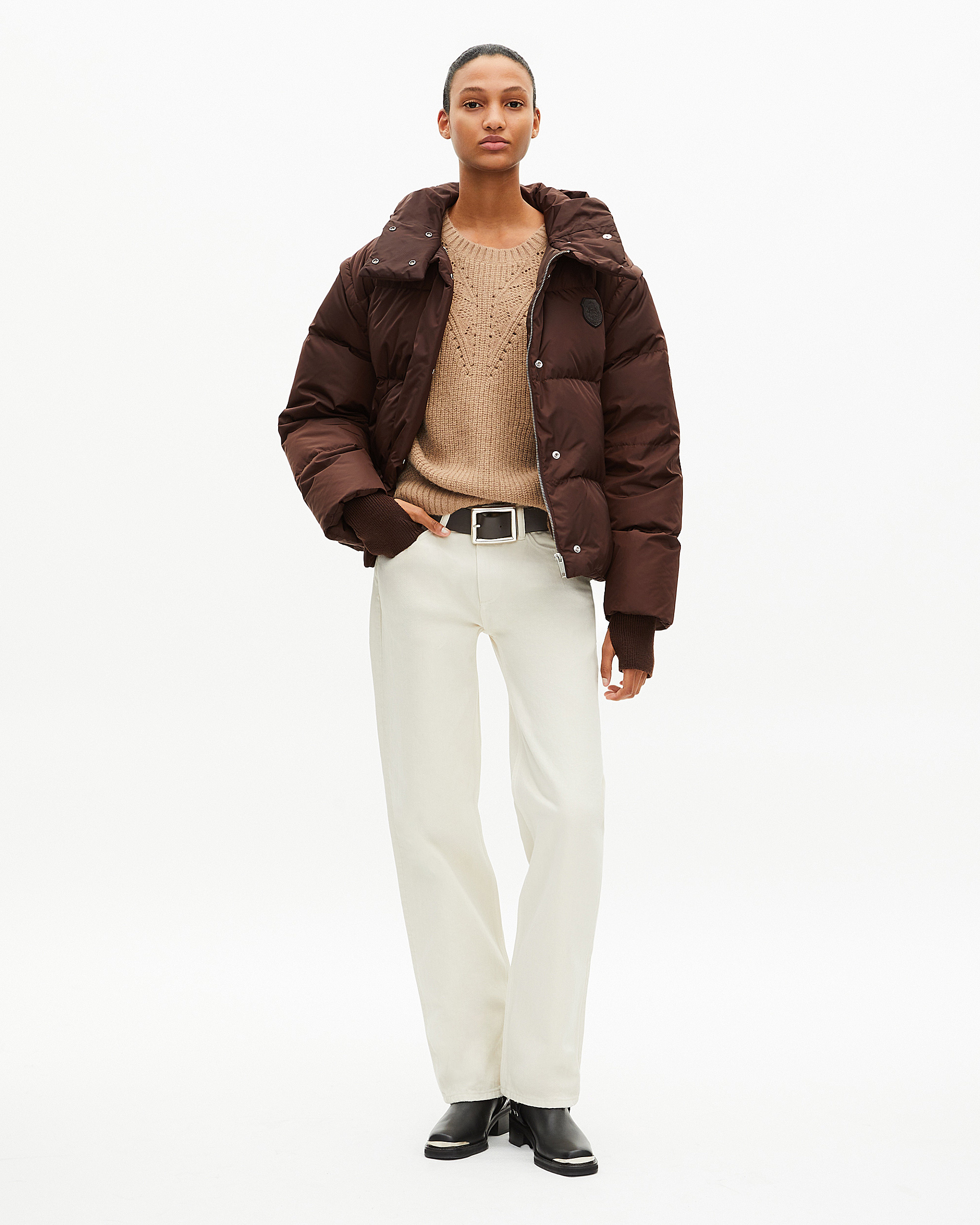 Brown down jacket with removable sleeves